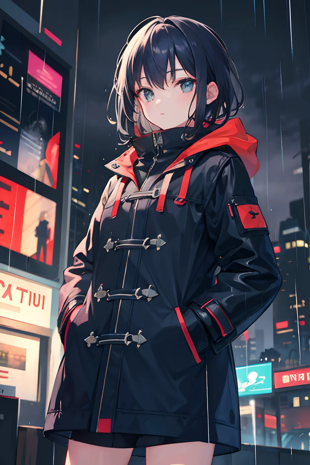 1girl, Night City, rain, coat, hands in pockets