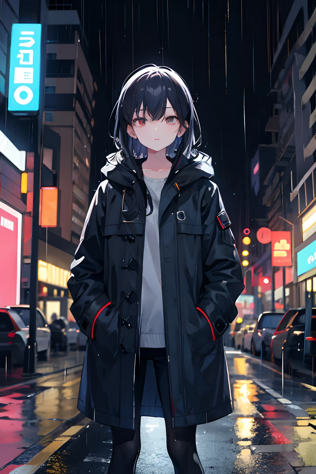 1girl, Night City, rain, coat, hands in pockets