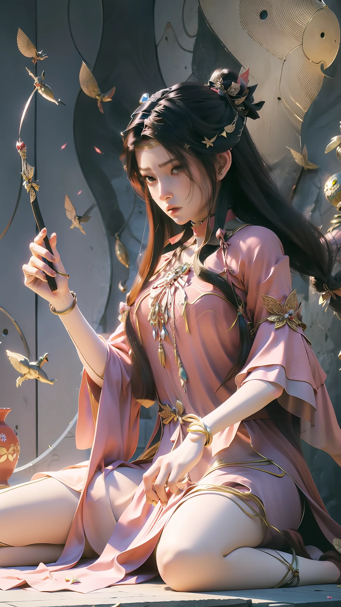 Anime woman kneeling on blanket, concept-art：Hero, Trend of CGsociety, Fantasy art, Guviz-style artwork, Guviz, Smooth anime CG art, Keqing from Genshin Impact, Ruan Jia and Artgerm, full-body xianxia, flowing magical robe