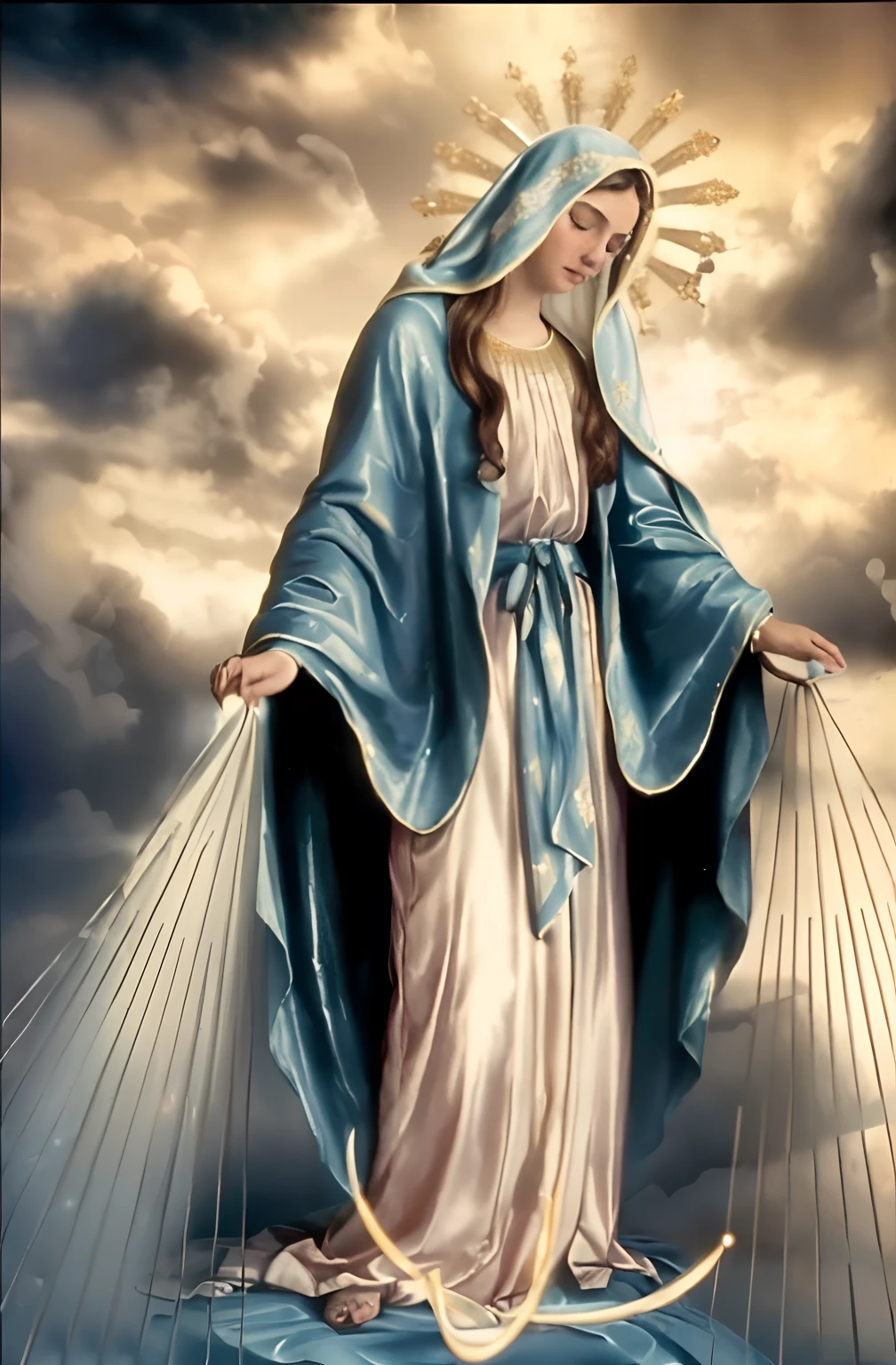 (((Blessed Virgin Mary. 19 years old))) (((IMAGEN VINTAGE RETRO))) ((( Con una cara seria y piadosa. Con una mirada dulce y tierna))) (obra maestra, calidad superior, mejor calidad, arte oficial, beautiful and aesthetic: 1.2), (1girl), extremadamente detallado, (Arte fractal: 1.3), colorido, highest detailed, Cara perfecta, parte superior del cuerpo, HDR, (orando: 1.3), (golden lines of white coat: 1.2), galaxia, (rayas de luz), eye-catching visuals, (dynamic stripes, senderos luminosos: 1.2), colores vibrantes,