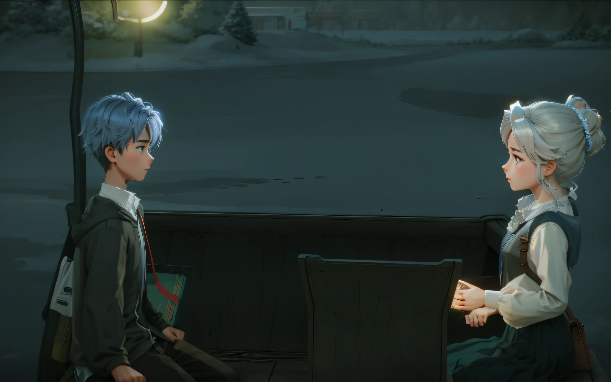 Animation - style illustration of two people sitting on a bench at night, Cutscenes, PC screenshot, videogame still, game screenshot, 2D cinematics, 2d game fanart, 2D Art, 2D Art, Animation stills, gameplay still, game screenshot, Animated stills screen cap, high quality screenshot, Animation stills, 2D rendering, Official screenshot. ultra-definition, Ojo, face, Sharpen
