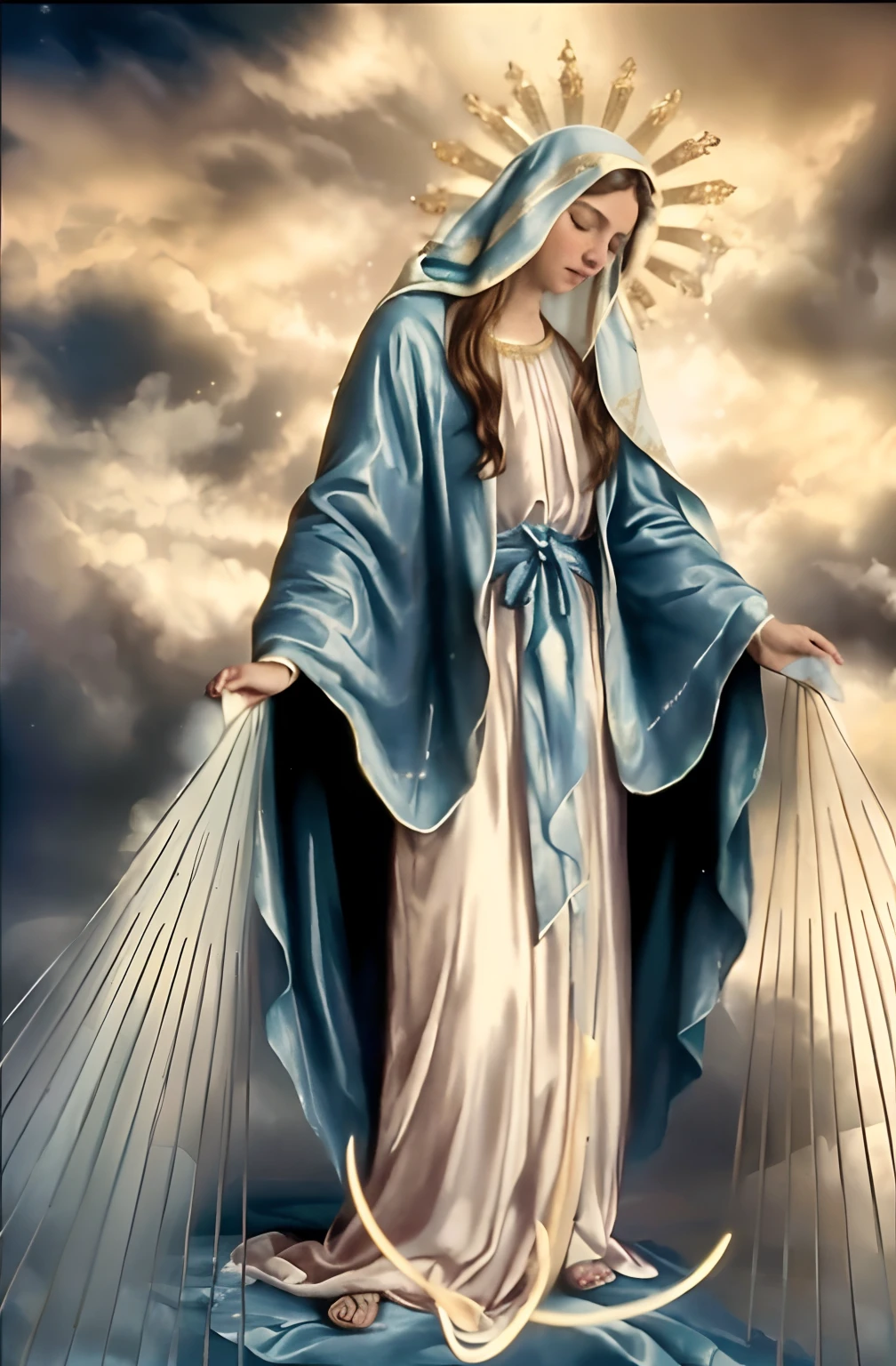 (((Blessed Virgin Mary. 19 years old))) (((IMAGEN VINTAGE RETRO))) ((( Con una cara seria y piadosa. Con una mirada dulce y tierna))) (obra maestra, calidad superior, mejor calidad, arte oficial, beautiful and aesthetic: 1.2), (1girl), extremadamente detallado, (Arte fractal: 1.3), colorido, highest detailed, Cara perfecta, parte superior del cuerpo, HDR, (orando: 1.3), (golden lines of white coat: 1.2), galaxia, (rayas de luz), eye-catching visuals, (dynamic stripes, senderos luminosos: 1.2), colores vibrantes,