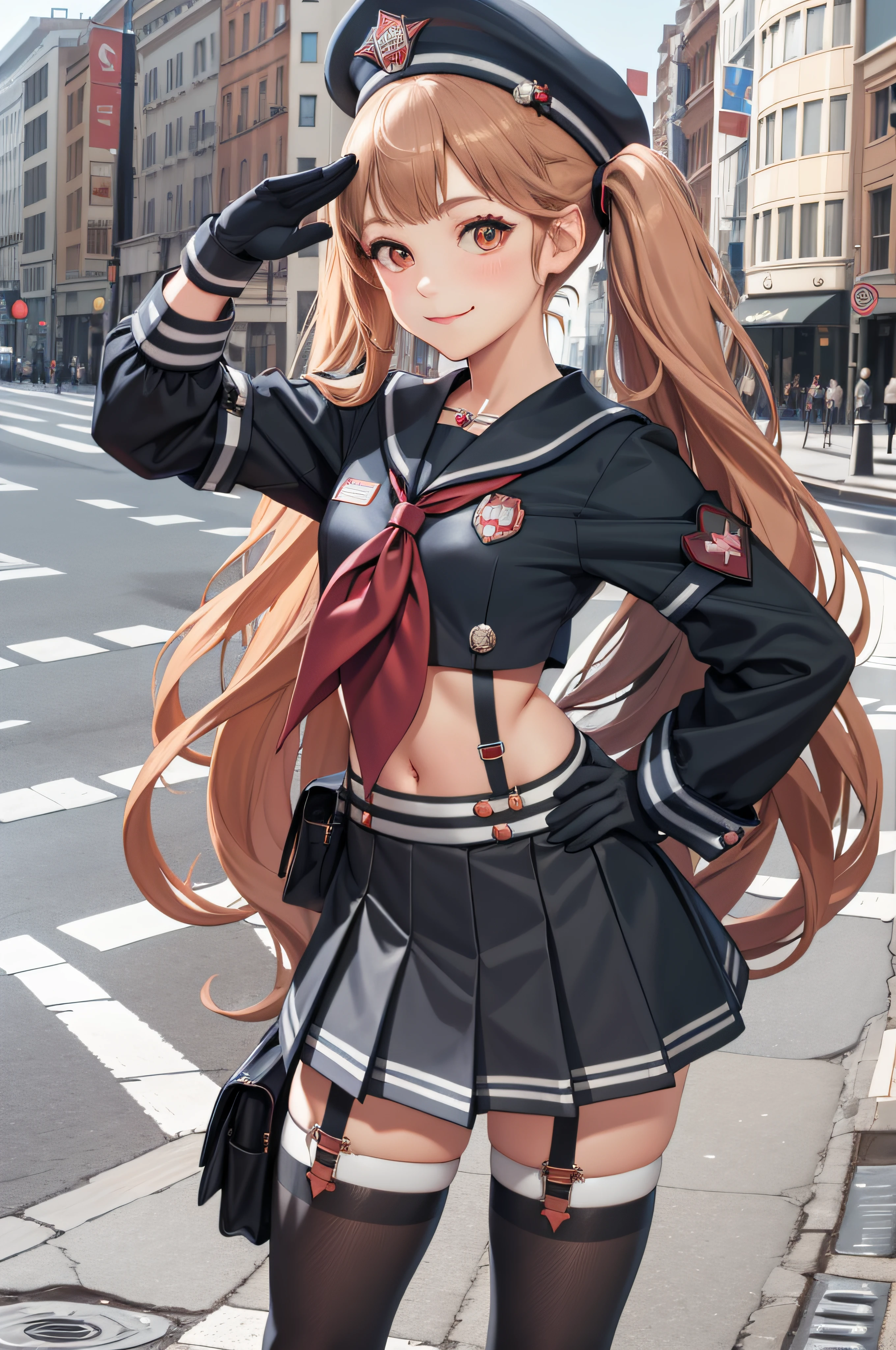 masterpiece, best quality, miranda, hat, serafuku, midriff, red neckerchief, pleated skirt, black gloves, black thighhighs, cowboy shot, looking at viewer, smile, city street, closed mouth, hand to hip, salute