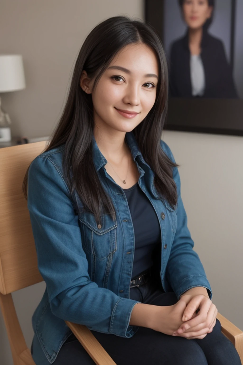 smiling woman sitting in a chair with a blue shirt and black jacket, selfie of a young woman, 8k selfie photograph, 30 years old woman, 3 0 years old woman, without makeup, she is facing the camera, portrait shot 8 k, selfie shot straight on angle, face picture, very very low quality picture, headshot profile picture, looking straight to camera