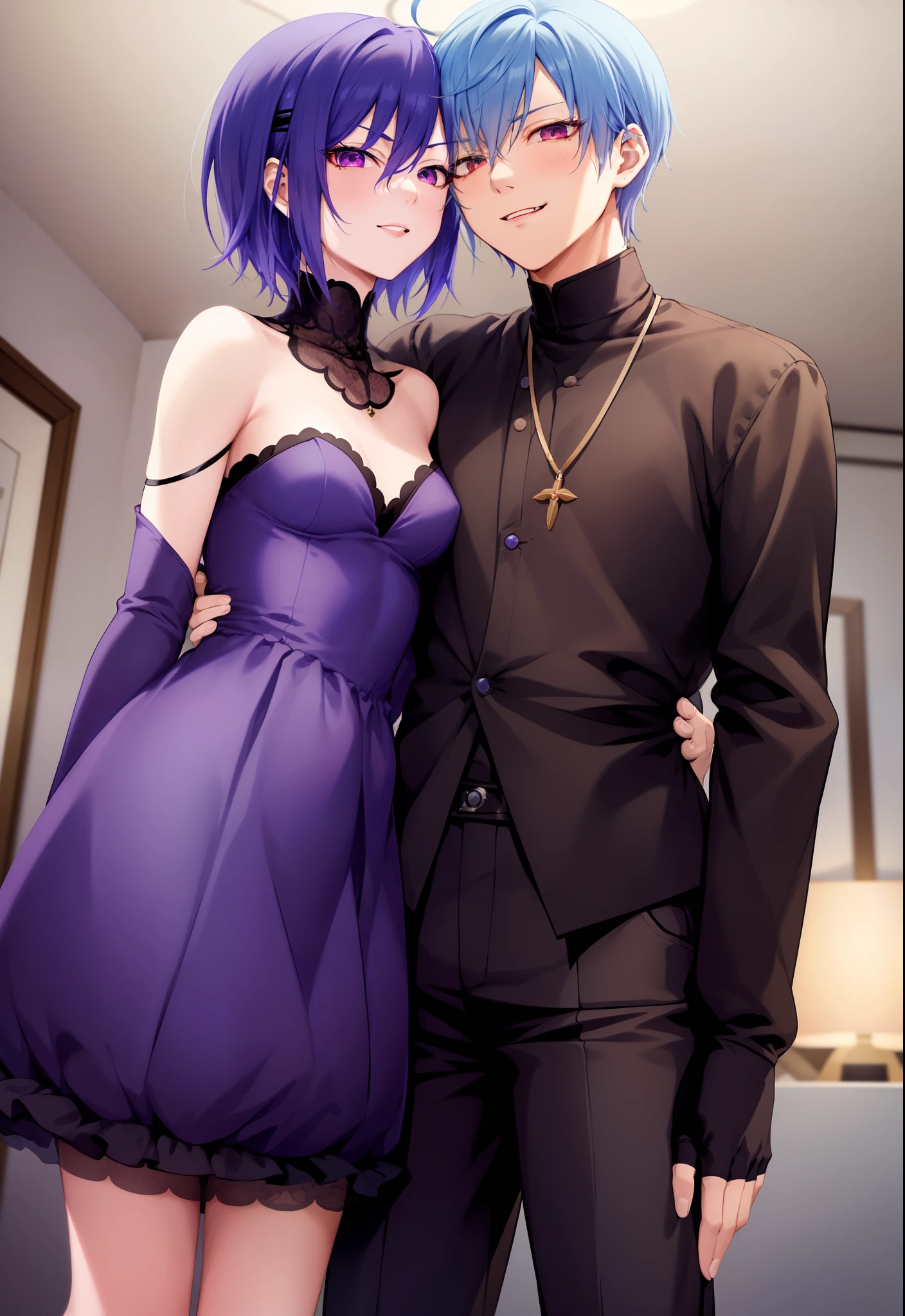 ​masterpiece, top-quality, 2Others, Male couple, 1 man and 1,, Adults, Height difference, different fashion, different color, finely eye and detailed face, intricate detailes, Casual clothing, Oversized shirt, Modern urban streets, A smile, Happiness, tenderness, queers, high-level image quality、 Two beautiful men、tall、The upper part of the body、nightfall、nighttime scene、𝓡𝓸𝓶𝓪𝓷𝓽𝓲𝓬、Two Men Kissing, Korean Male, Idol Photos, k pop, Professional Photos, Vampires, Korean fashion in black and white, Fedoman with necklace, inspired by Sim Sa-jeong, androgynous vampire, :9 detailed face: 8, extra detailed face, detailed punk hair, ((eyes are brown)) baggy eyes, Seductive. Highly detailed, semi realistic anime, Vampires, hyperrealistic teen, delicate androgynous prince, imvu, short hair above the ears, Man with short hair, Purple-haired man with a glaring expression and a man with light blue hair with a gentle expression, With a short-haired man with bright purple hair, Man with light blue hair, kiss together, Kissing each other, geisha