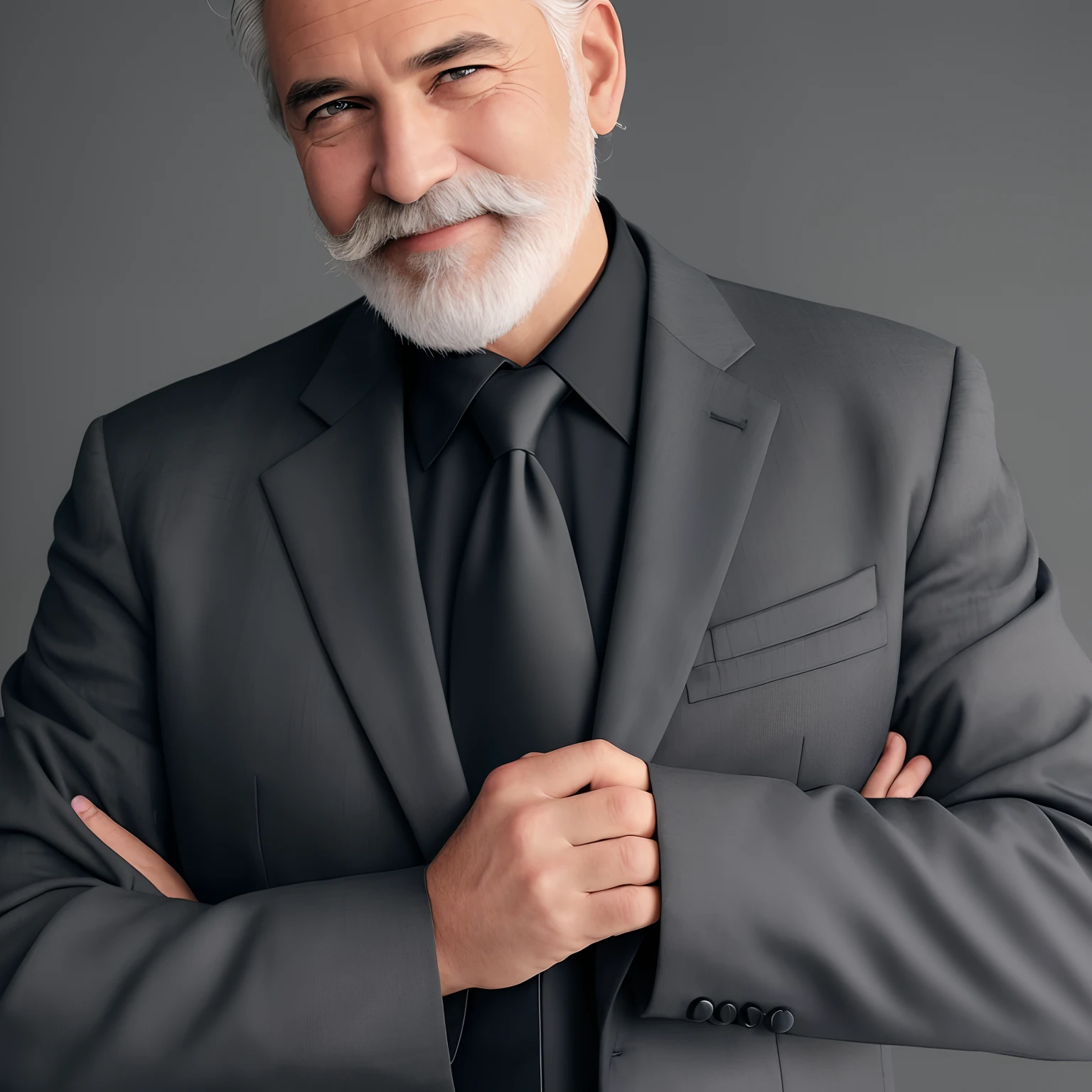 ((best quality)), ((masterpiece)), ((realistic)), (detailed), high quality, highres, absurdres, 1boy, beard, black_jacket, black_necktie, black_suit, collared_shirt, crossed_arms, facial_hair, formal, grey_background, long_sleeves, looking_at_viewer, male_focus, mustache, necktie, old, old_man, shirt, simple_background, smile, solo, suit, teeth, upper_body, wing_collar