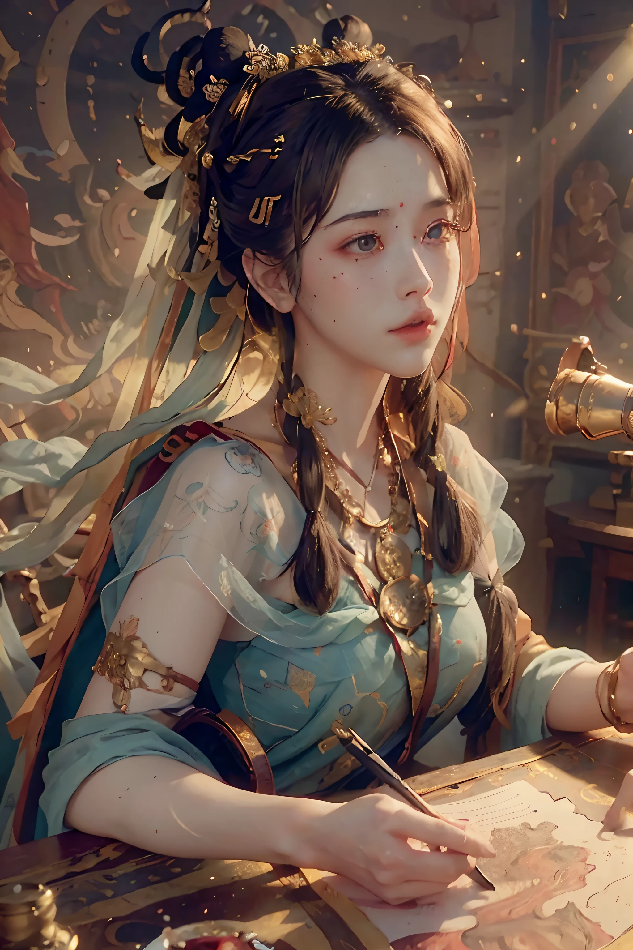 (RAW photo, best quality), (realistic, photo-realistic:1.3),best quality,highly detailed,masterpiece,ultra-detailed,illustration,1girl,upper_body,dynamic angle,world masterpiece theater,messy_long_hair,best quality,extremely detailed CG unity 8k wallpaper,ink,Amazing,cinematic lighting,lens_flare,,dunhuang_style