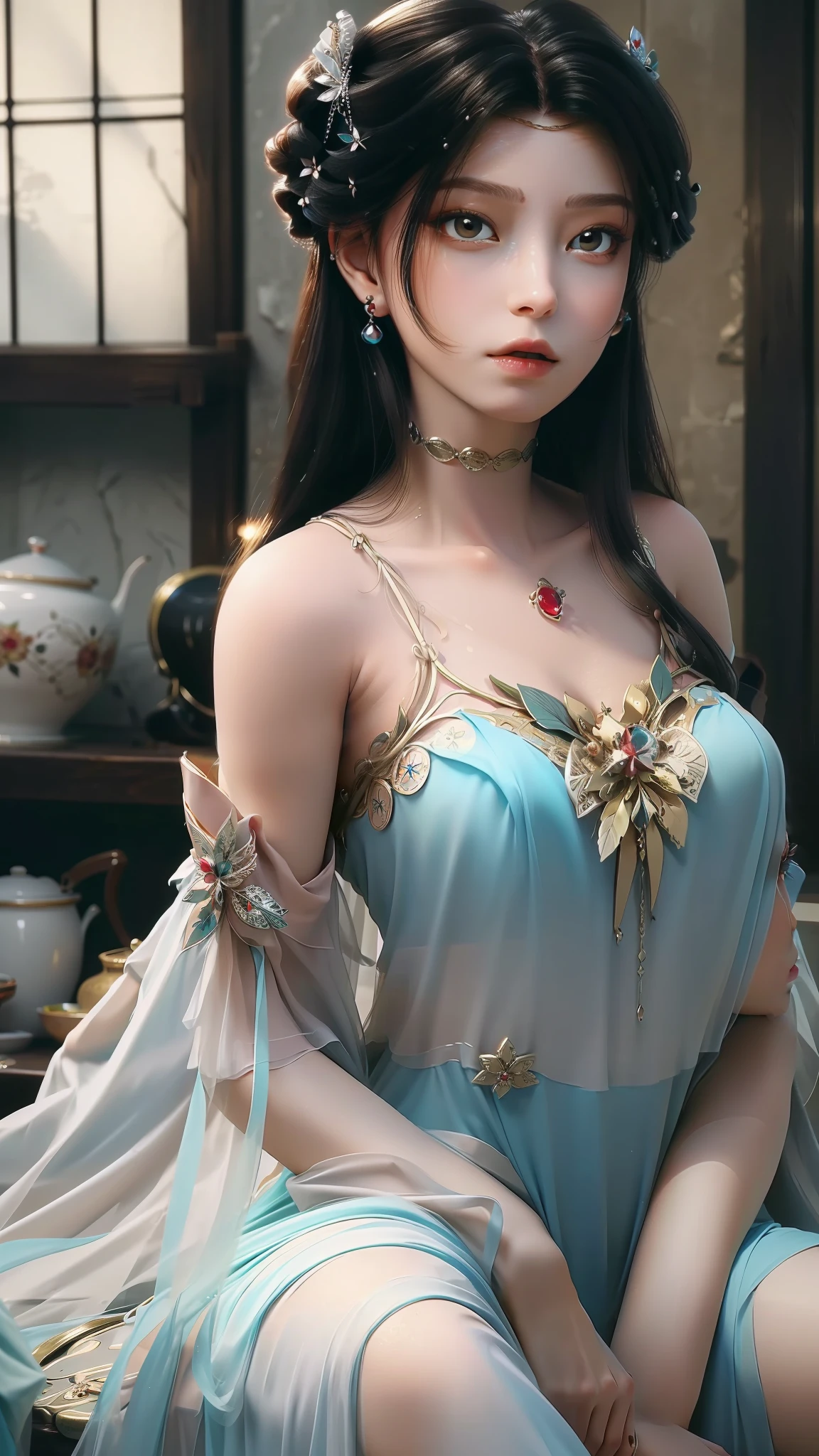 tmasterpiece，Best picture quality，HD 8K wallpaper，Beautiful picture，Elegant single woman，Round dress，Shiny eyes，Detail at its best，An exquisite masterpiece，Pure beauty and lightness，Moderately aesthetic，Gentle and elegant，Attention to detail，Round princess dress in teal and white lace，Immortal