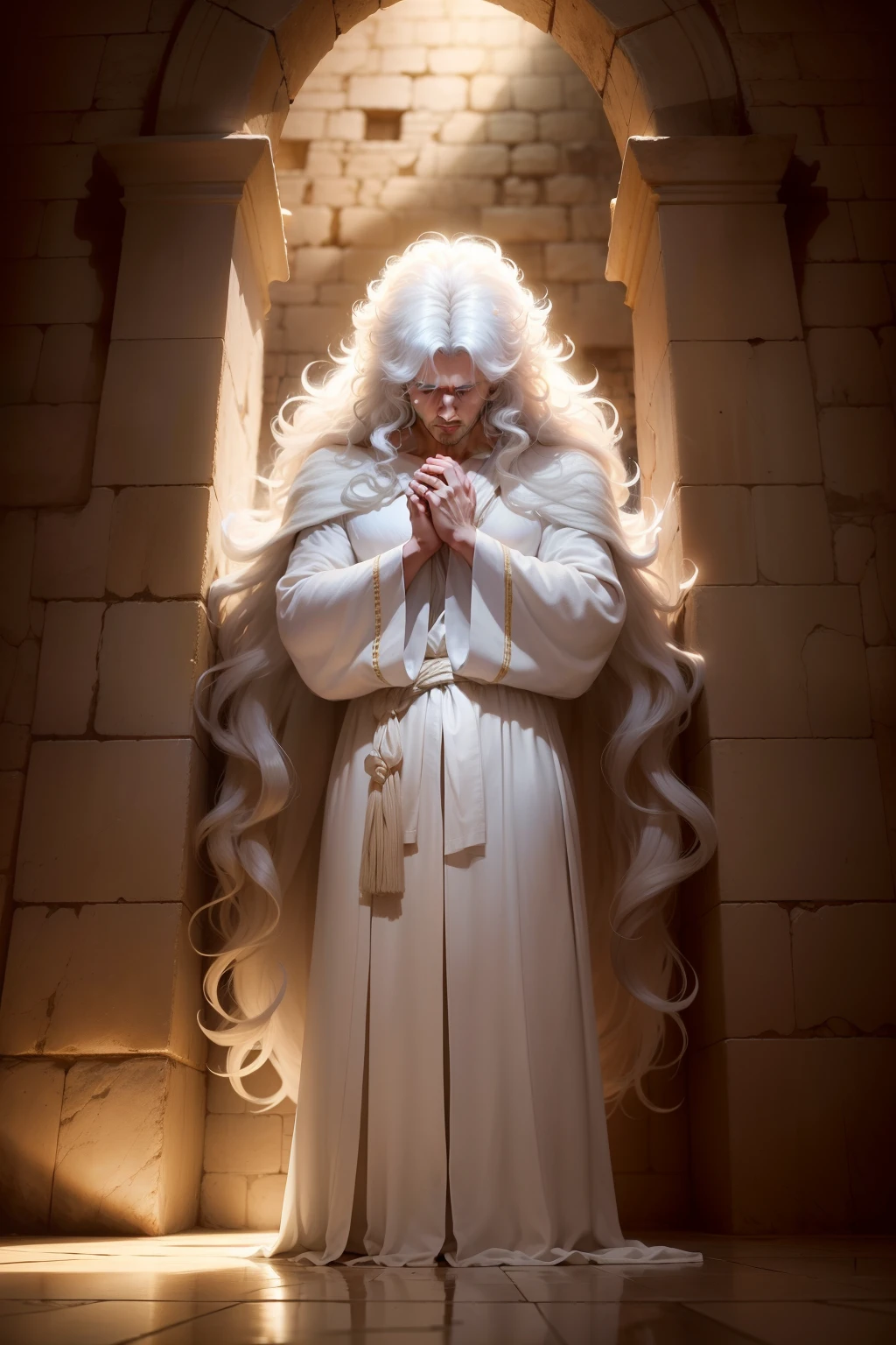 1 man in a white robe robe big hair standing on the Western Wall weeping and praying and the light of the illuminating