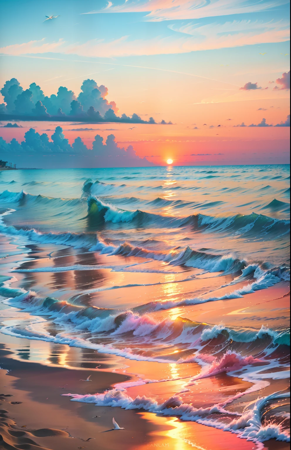 An absolutely mesmerizing sunset on the beach, with a mix of orange, pink, and yellow in the sky. The water is crystal clear, gently kisses the coast, and the white sand is endless. The scene is dynamic and breathtaking, with seagulls soaring high in the sky and palm trees swaying softly. Immerse yourself in the calm atmosphere and let the serenity surround you.