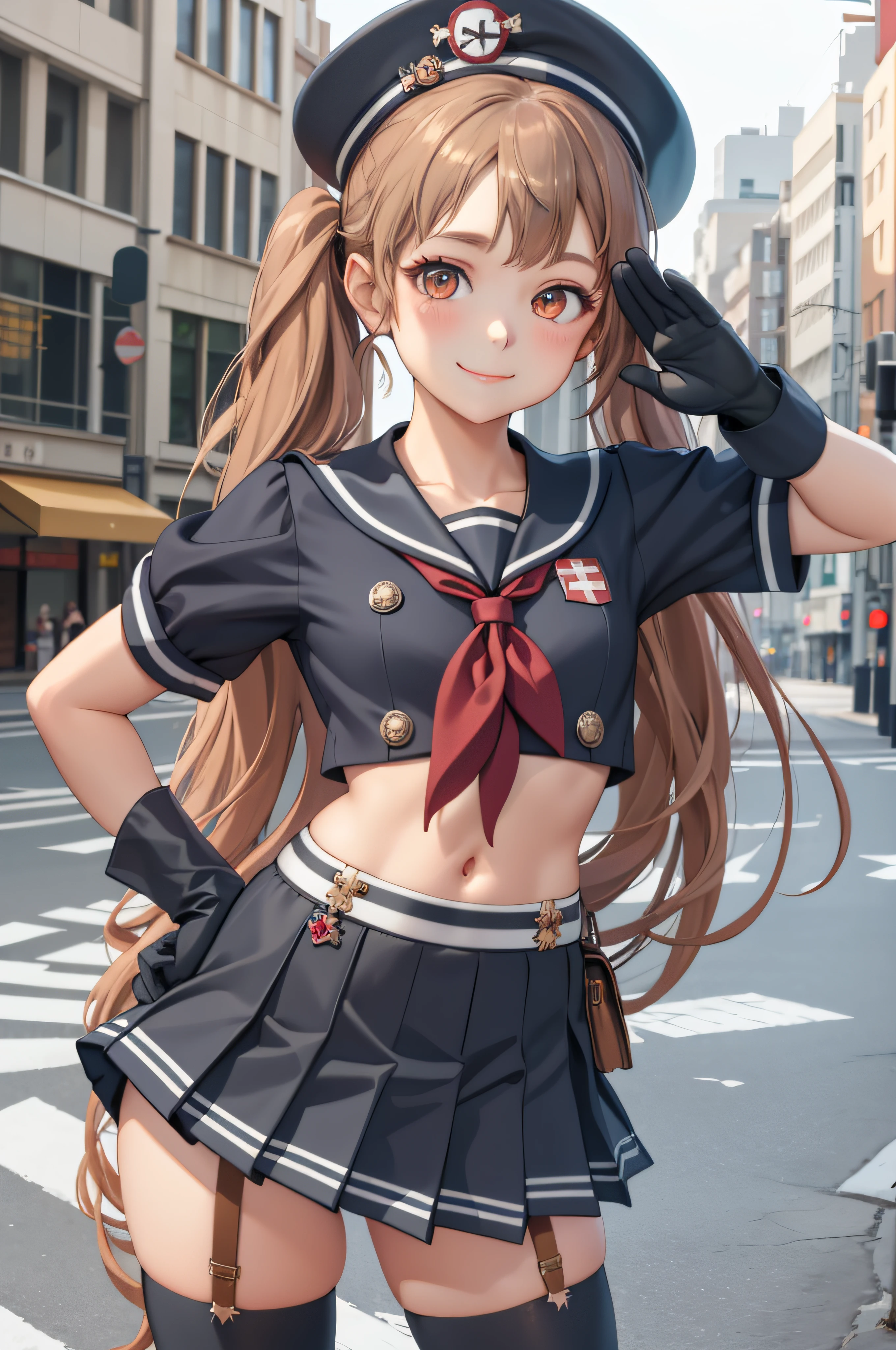 masterpiece, best quality, miranda, hat, serafuku, midriff, red neckerchief, pleated skirt, black gloves, black thighhighs, cowboy shot, looking at viewer, smile, city street, closed mouth, hand to hip, salute