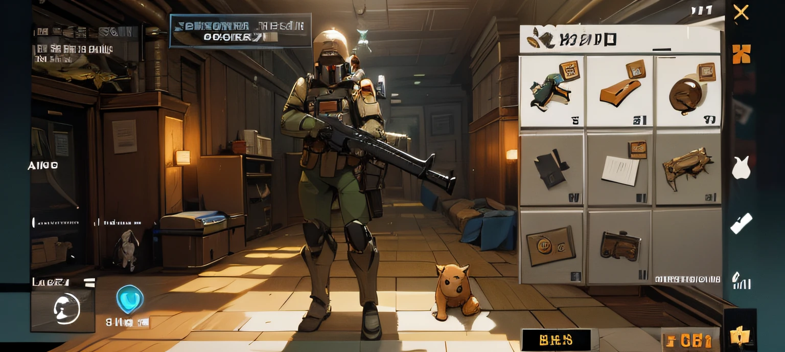 An image of Alphad in a suit and a dog, in-game, in - game, in game, fps game, game screenshot, style of inside game, gameplay screenshot with ui, pc game with ui, ingame image, weapon shop interior, discarded mechsuit in background, video game screenshot>, Wearing imperial equipment, battle garment