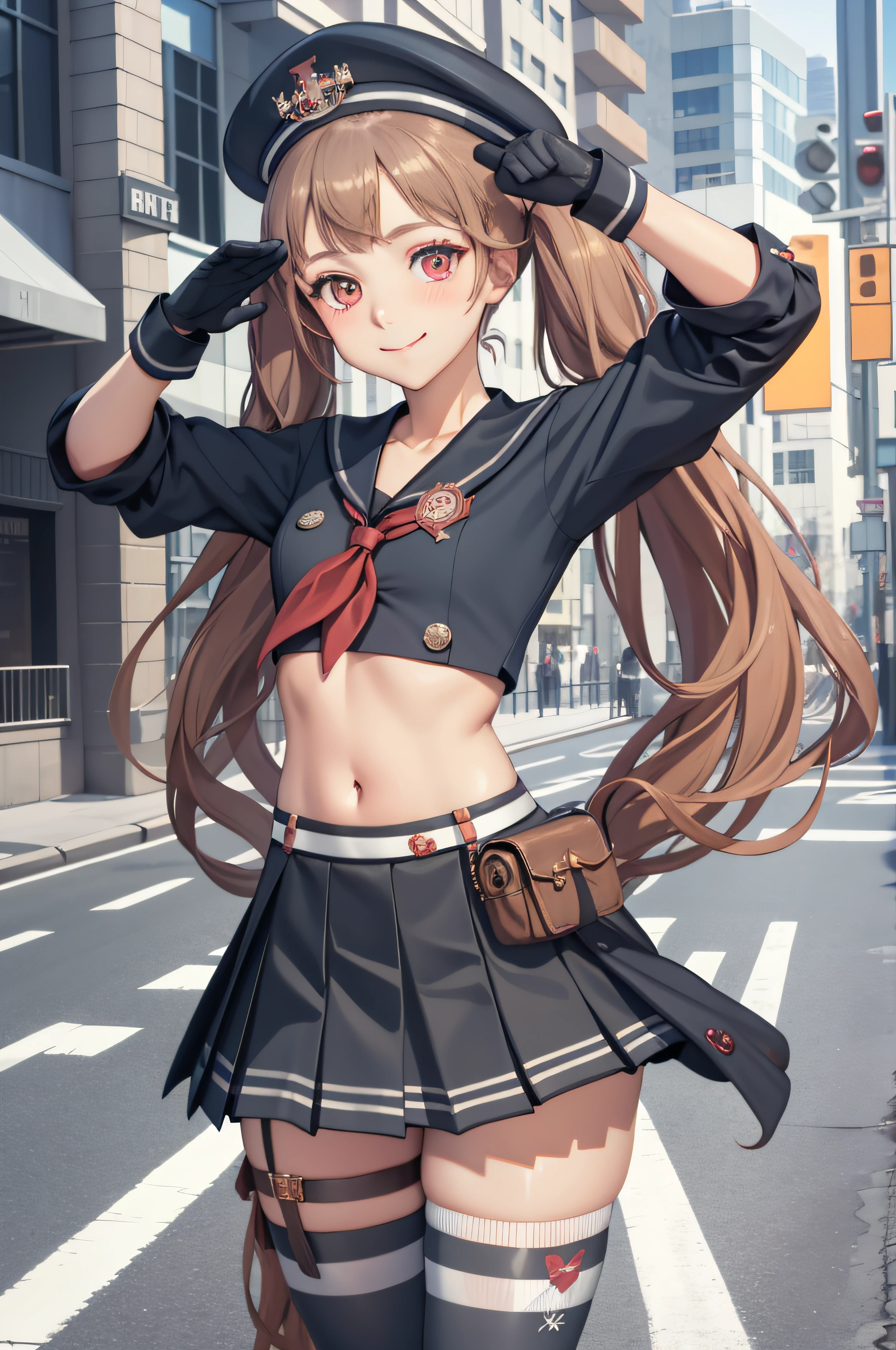 masterpiece, best quality, miranda, hat, serafuku, midriff, red neckerchief, pleated skirt, black gloves, black thighhighs, cowboy shot, looking at viewer, smile, city street, closed mouth, hand to hip, salute