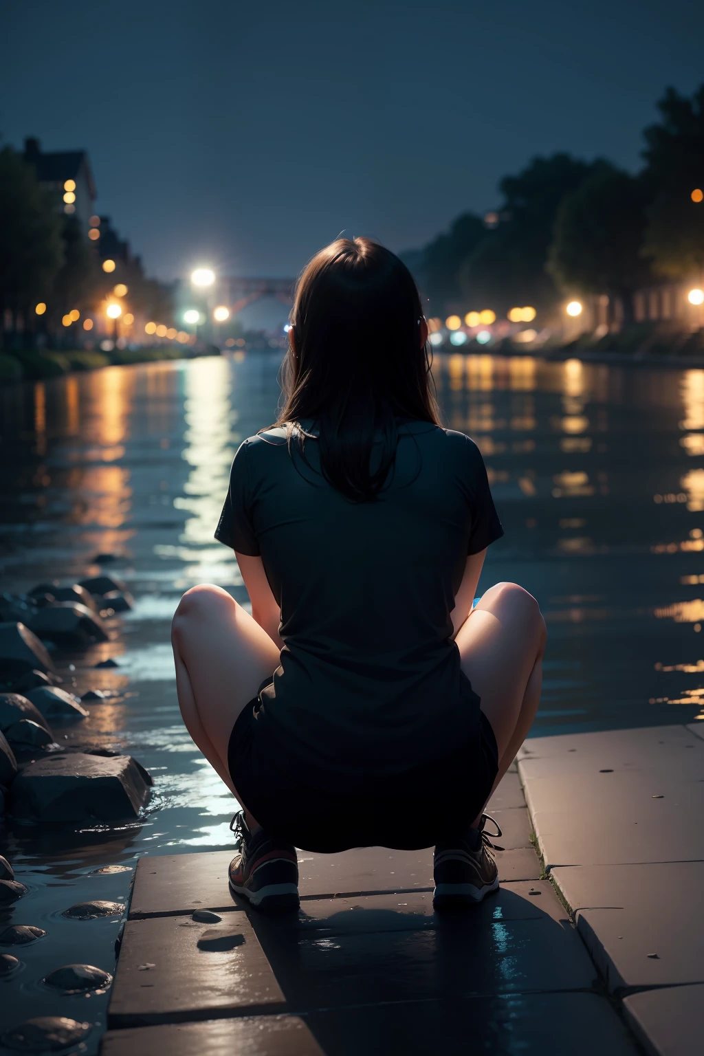 the night,River side,Squat a person,Only the back,The environment is eerie