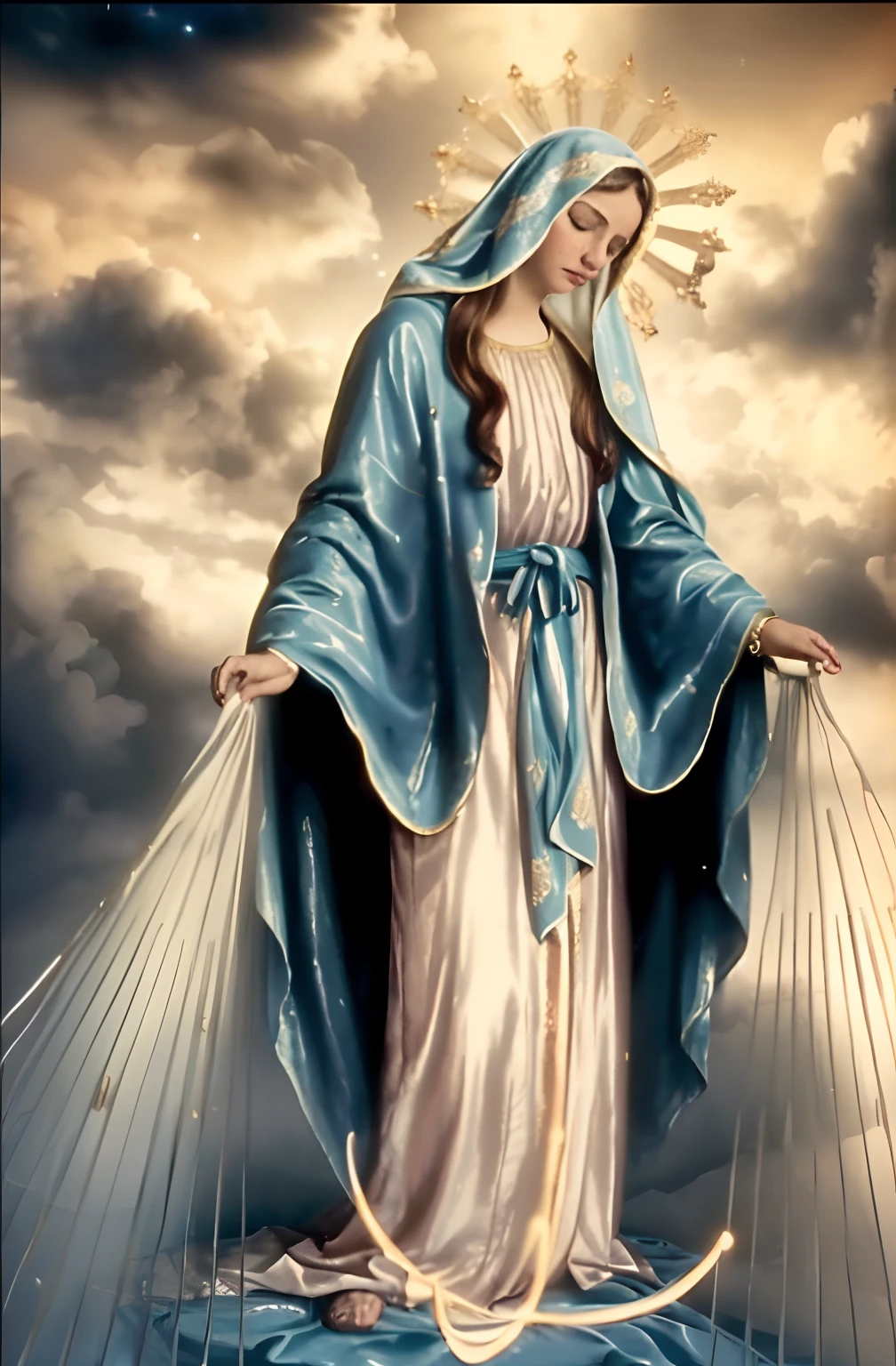 (((Blessed Virgin Mary. 19 years old))) (((IMAGEN VINTAGE RETRO))) ((( Con una cara seria y piadosa. Con una mirada dulce y tierna))) (obra maestra, calidad superior, mejor calidad, arte oficial, beautiful and aesthetic: 1.2), (1girl), extremadamente detallado, (Arte fractal: 1.3), colorido, highest detailed, Cara perfecta, parte superior del cuerpo, HDR, (orando: 1.3), (golden lines of white coat: 1.2), galaxia, (rayas de luz), eye-catching visuals, (dynamic stripes, senderos luminosos: 1.2), colores vibrantes,