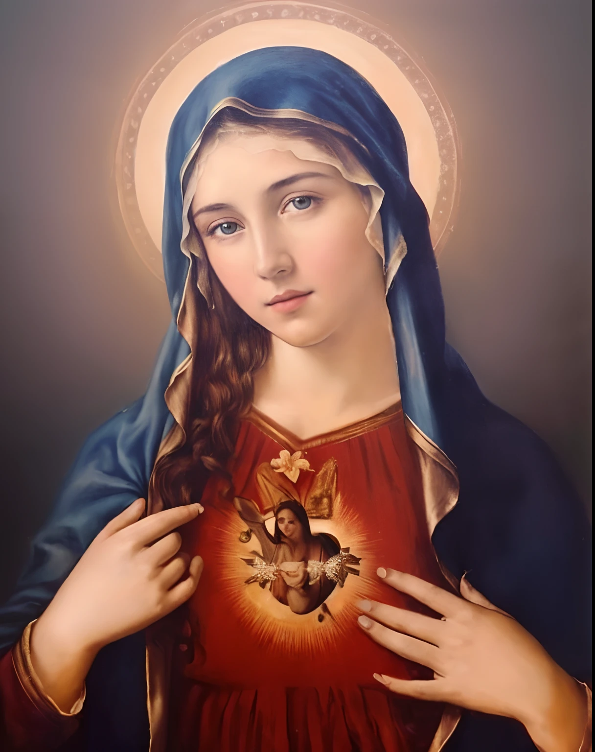 (((Blessed Virgin Mary. 19 years old))) (((IMAGEN VINTAGE RETRO))) ((( Con una cara seria y piadosa. Con una mirada dulce y tierna))) (obra maestra, calidad superior, mejor calidad, arte oficial, beautiful and aesthetic: 1.2), (1girl), extremadamente detallado, (Arte fractal: 1.3), colorido, highest detailed, Cara perfecta, parte superior del cuerpo, HDR, (orando: 1.3), (golden lines of white coat: 1.2), galaxia, (rayas de luz), eye-catching visuals, (dynamic stripes, senderos luminosos: 1.2), colores vibrantes,