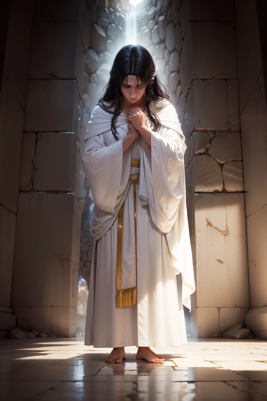 1 man in a white robe robe big dark hair standing at the Western Wall weeping and praying and the light of the illuminating, 4k realista