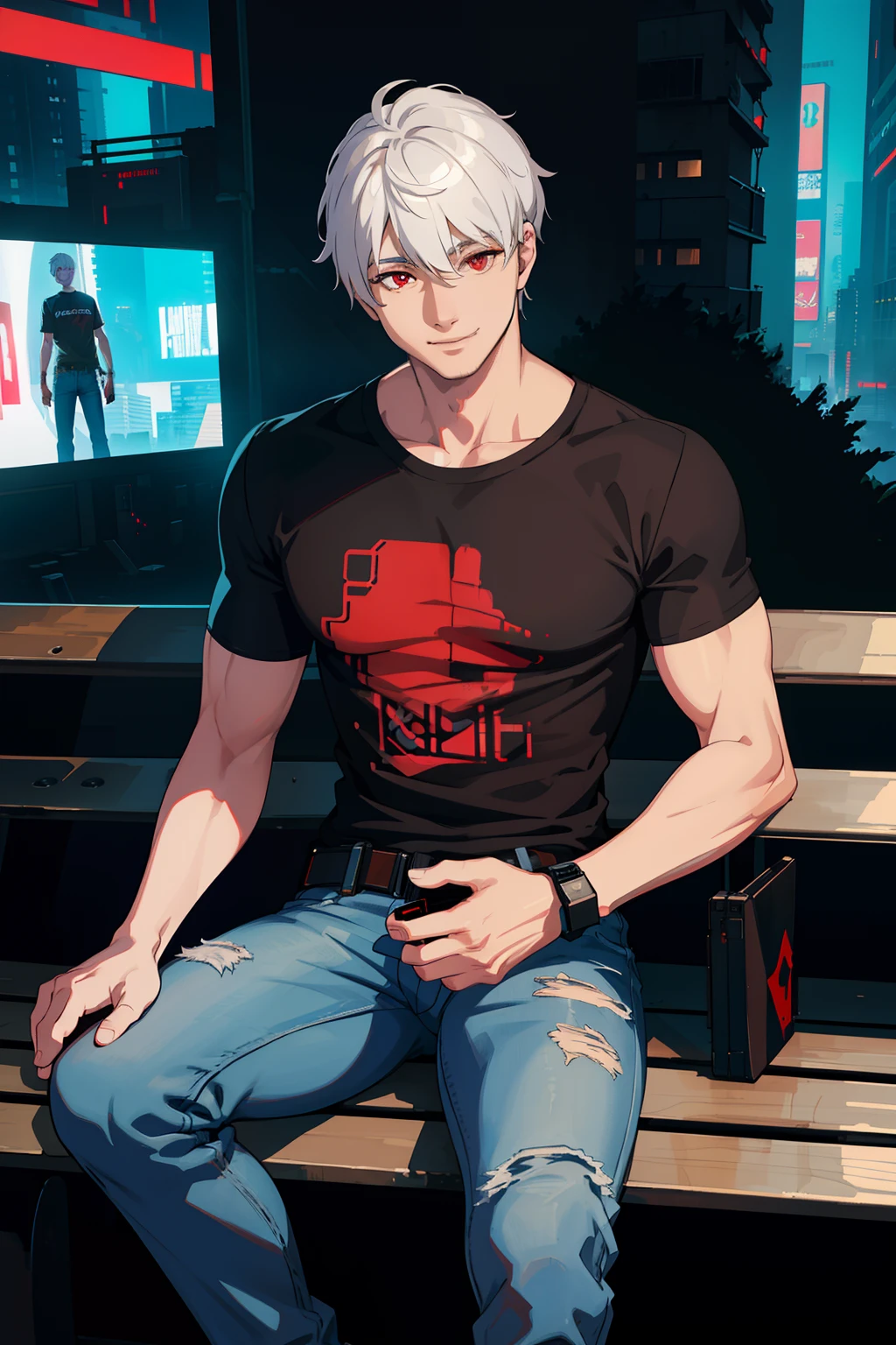 masterpiece, high quality, best quality, beautiful, hd, realistic, perfect lighting, detailed face, detailed body, 1 man, (white hair), red eyes, manly, (brutal), black t-shirt, jeans, sitting on a bench,  ((cyberpunk)), (fog), smile