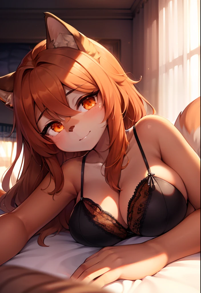 hairy, brown fur, ultra cute face, orange eyes, medium hair, medium breasts, dark brown elements in the fur, transparent lingerie, beautiful lights and shadows, ambient light, ultra detailed hair, volumetric light, fluffy tail, neckline, fluffy panties, lying on the bed of a room