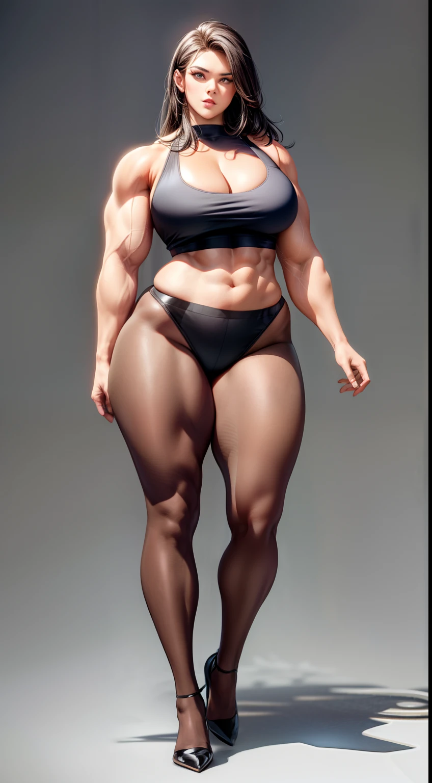 tmasterpiece,Look up,School background,Burly woman,Exaggerated large muscles,Pointed-toe heels, (Full body like:1.1),walking pose,Beautiful and charming female face, Single female,Very fair skin,Very broad shoulders, Strong and powerful arms,Strong and powerful leg muscles,thick leg,Very thick calves,(long leges:1.1),looking to the camera