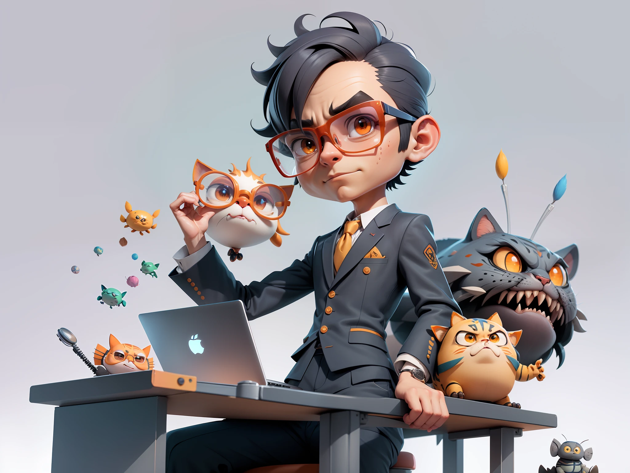 A young man in a suit, Short hair and glasses sat at his desk，holding laptop，digitial painting，tigre，3D character design by Mark Clairen and Pixar and Hayao Miyazaki and Akira Toriyama，4K HD illustration，Very detailed facial features and cartoon-style visuals。