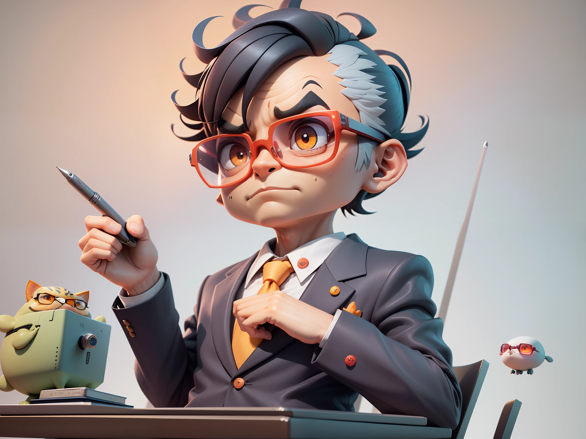 A young man in a suit, Short hair and glasses sat at his desk,holding laptop,digitial painting,tigre,3D character design by Mark Clairen and Pixar and Hayao Miyazaki and Akira Toriyama,4K HD illustration,Very detailed facial features and cartoon-style visuals。