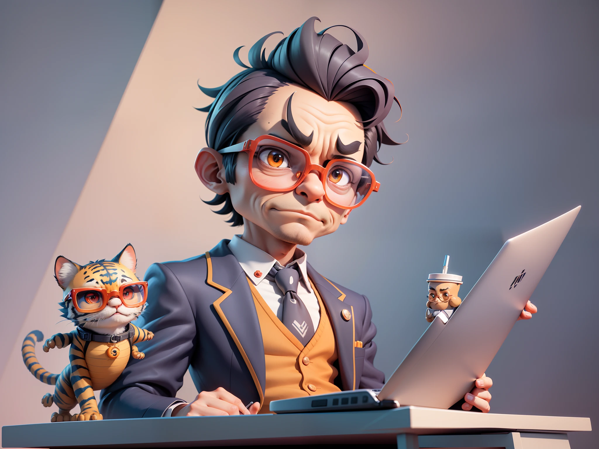 A young man in a suit, Short hair and glasses sat at his desk，holding laptop，digitial painting，tigre，3D character design by Mark Clairen and Pixar and Hayao Miyazaki and Akira Toriyama，4K HD illustration，Very detailed facial features and cartoon-style visuals。