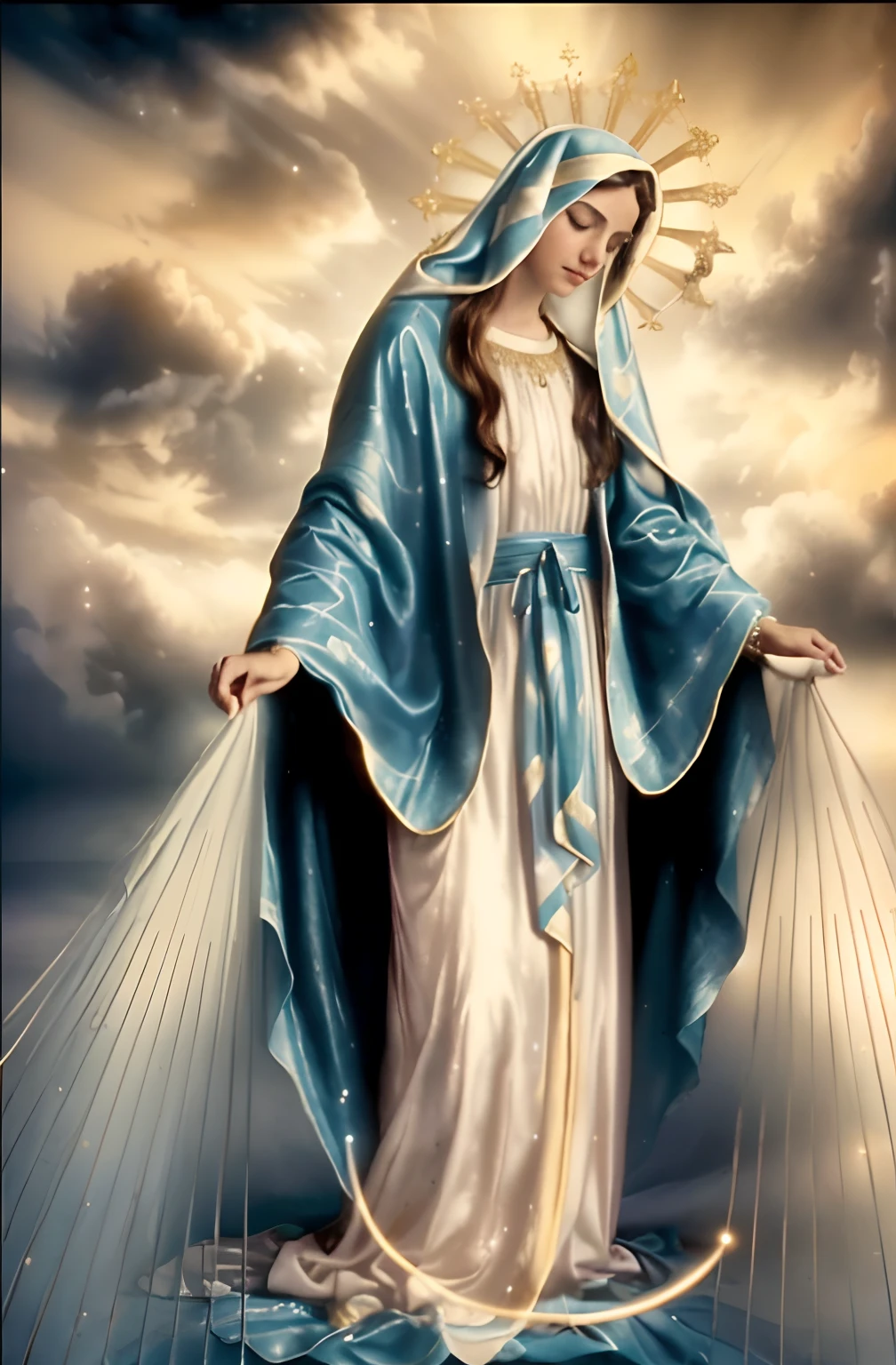 (((Blessed Virgin Mary. 19 years old))) (((IMAGEN VINTAGE RETRO))) ((( Con una cara seria y piadosa. Con una mirada dulce y tierna))) (obra maestra, calidad superior, mejor calidad, arte oficial, beautiful and aesthetic: 1.2), (1girl), extremadamente detallado, (Arte fractal: 1.3), colorido, highest detailed, Cara perfecta, parte superior del cuerpo, HDR, (orando: 1.3), (golden lines of white coat: 1.2), galaxia, (rayas de luz), eye-catching visuals, (dynamic stripes, senderos luminosos: 1.2), colores vibrantes,