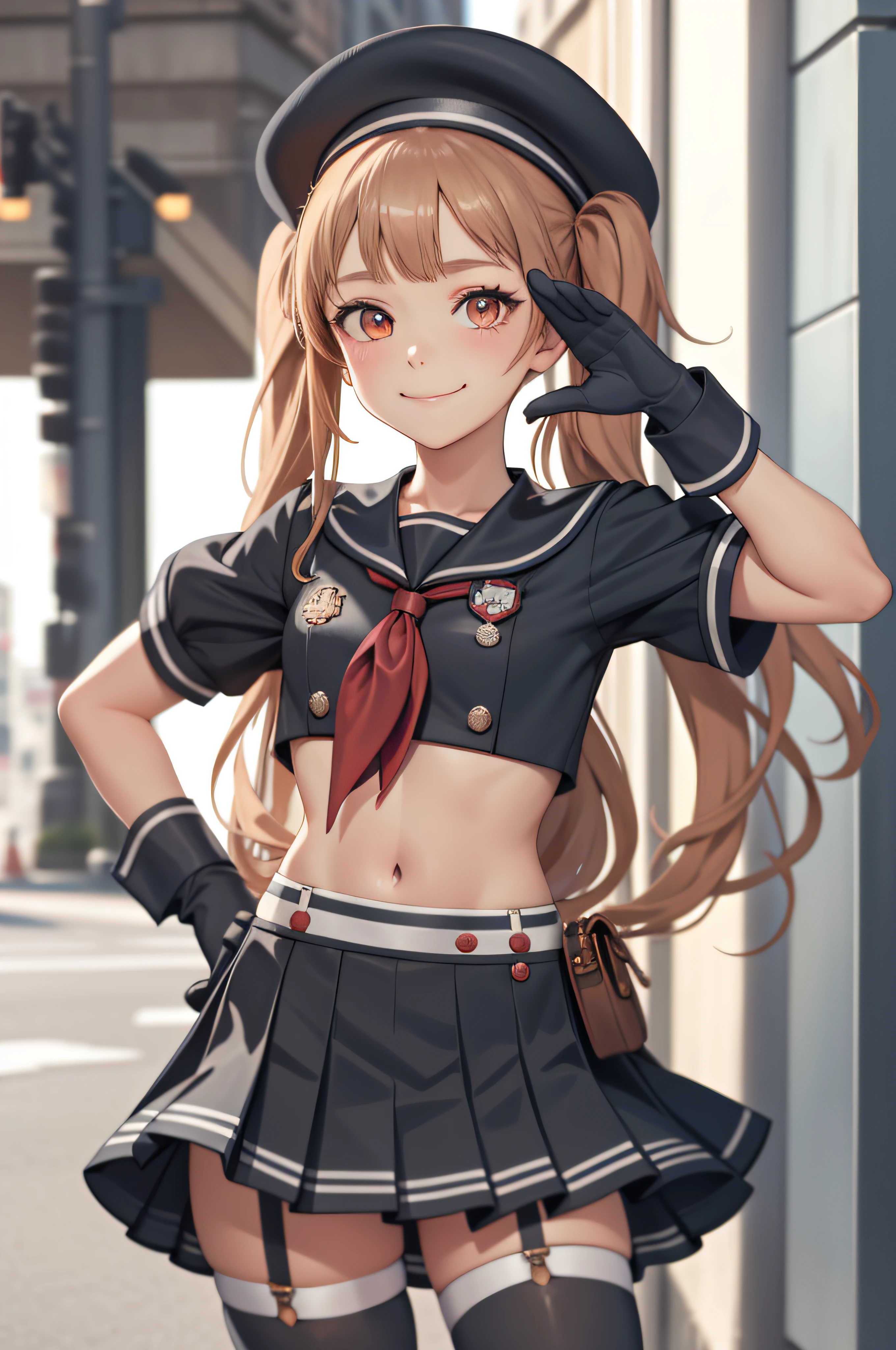 masterpiece, best quality, miranda, hat, serafuku, midriff, red neckerchief, pleated skirt, black gloves, black thighhighs, cowboy shot, looking at viewer, smile, city street, closed mouth, hand to hip, salute