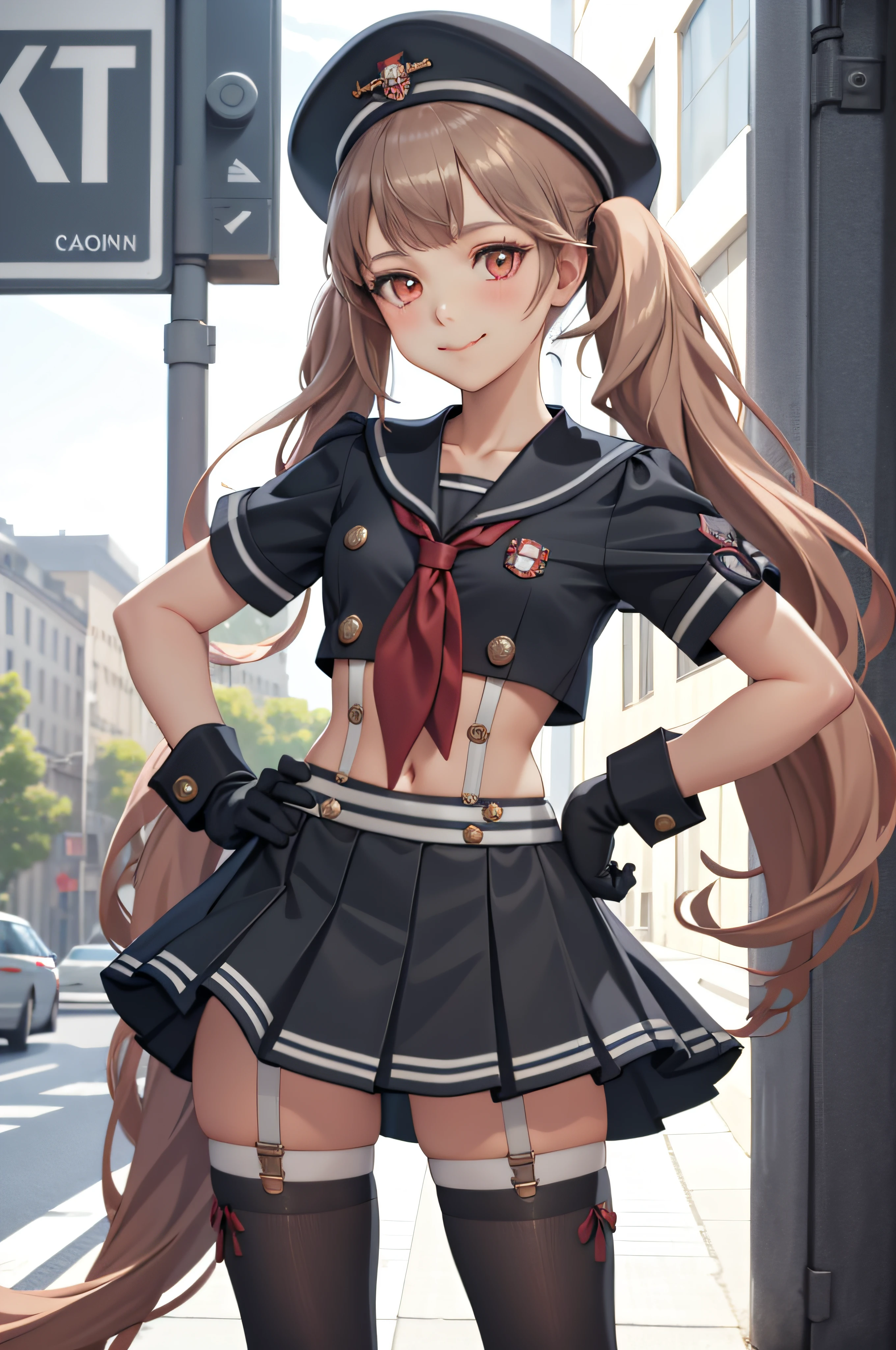 masterpiece, best quality, miranda, hat, serafuku, midriff, red neckerchief, pleated skirt, black gloves, black thighhighs, cowboy shot, looking at viewer, smile, city street, closed mouth, hand to hip, salute