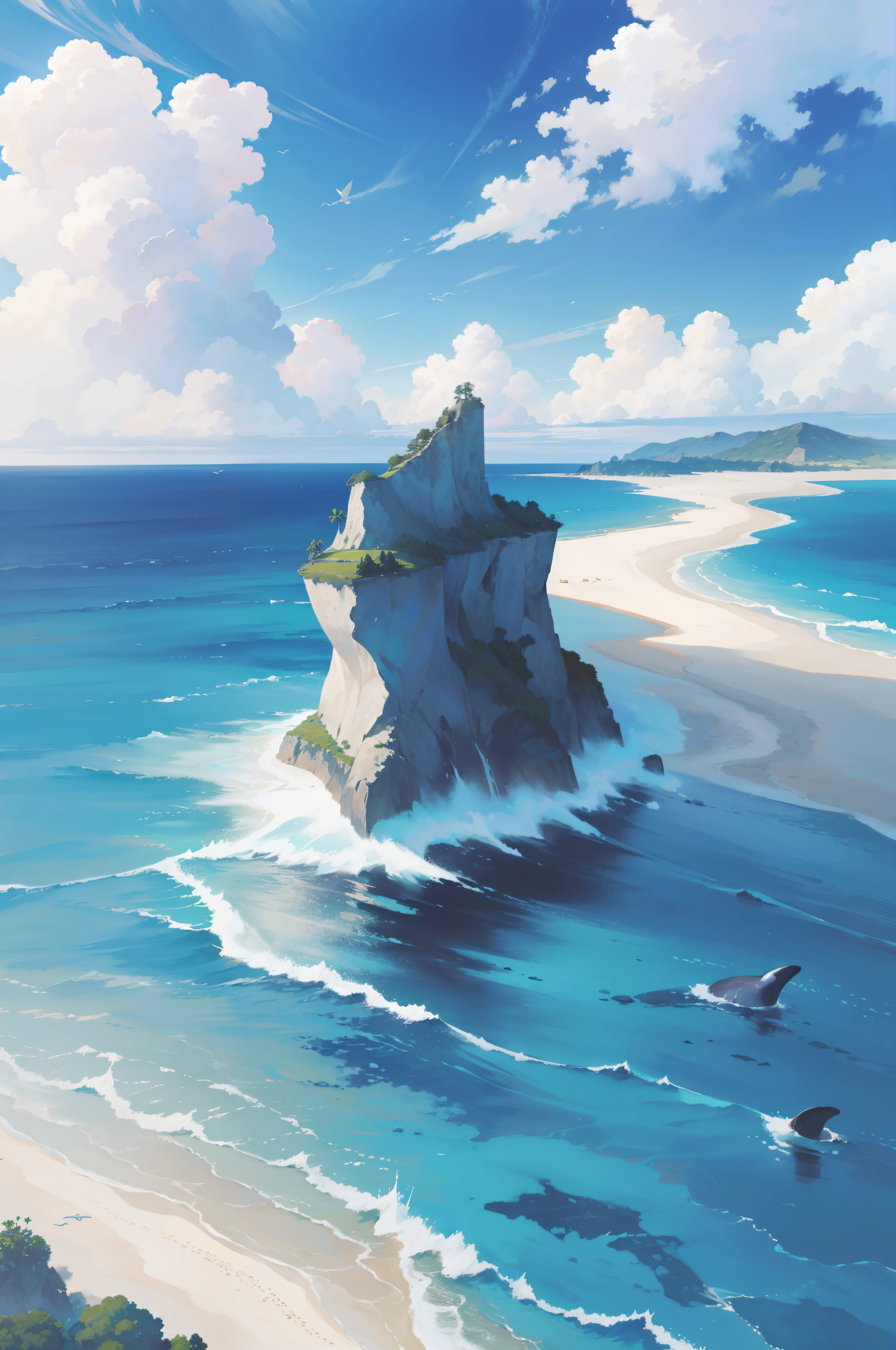 On the ocean, There is a lush island, When the beach is there,The edge of the island, steins, There are whales swimming in the sea, seagulls, Atmospheric perspective, Satellite image, Masterpiece, Super detail, High details, Award-Awarded, Best quality