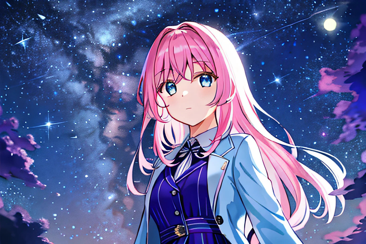 Masterpiece,Best quality,instrument,Star_\(sky\),Starry_sky,Pink hair,Star eyes,Golden eyes,Playing_instrument,Night_sky,Solo,Night,Curtains,1girll,space,Neck_ribbon,Starry_sky_print,dress,plectrum,sky,Looking_at_peeping at the viewer,ribbon,Shooting_Star,White_dress,Colorful hair,,Long_Sleeves,bangs,Jacket