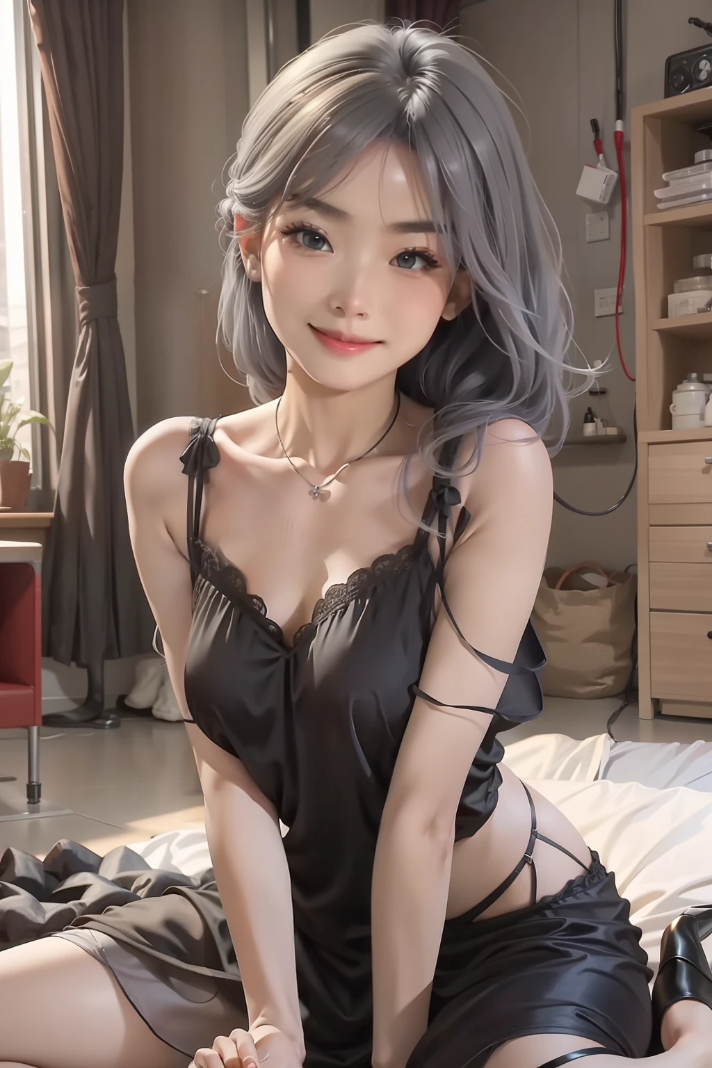 Gray hair 1.20,Black Eyes 1.20,Disease 1.20,Local close-up,one-girl,Soft bed 1.30,Sit on the bed1.30,smile1.20,Black silk 1.30,Booth 1.50,Black high heels 1.40,Traditional style 1.50,Red 1.50,Purple 1.30