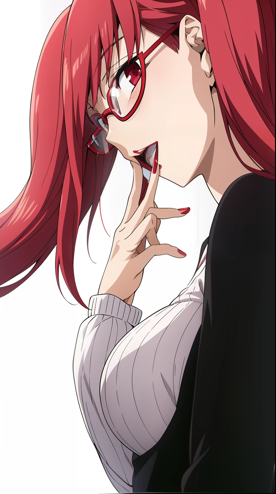 anime girl with red hair and black shirt holding a red lipstick, sui ishida art manga, erza scarlet as a real person, she has red hair, with red hair, by Yumihiko Amano, by Kentaro Miura, profile of anime girl, aya takano color style, colored manga art, red hair girl, with index finger,1girl, solo, (masterpiece:1.2, best quality), glasses, ((rim-less eyewear)), riruka dokugamine, bleach