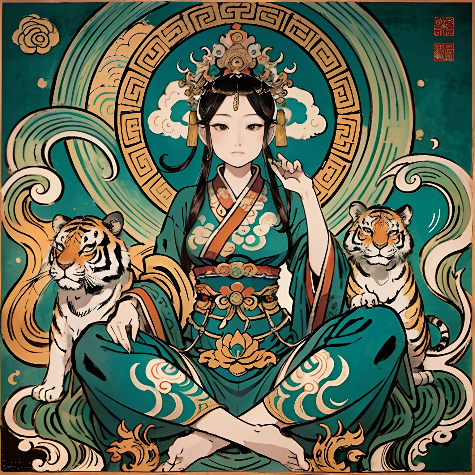 an ancient Chinese goddess, guanyin of the southern seas, Guanyin, Inspired by India, Avalokiteshvara rides a tiger,,Serene expression,shui mo hua,Buddha,Buddhist,Lotus,Chinese painting style,Thangka style