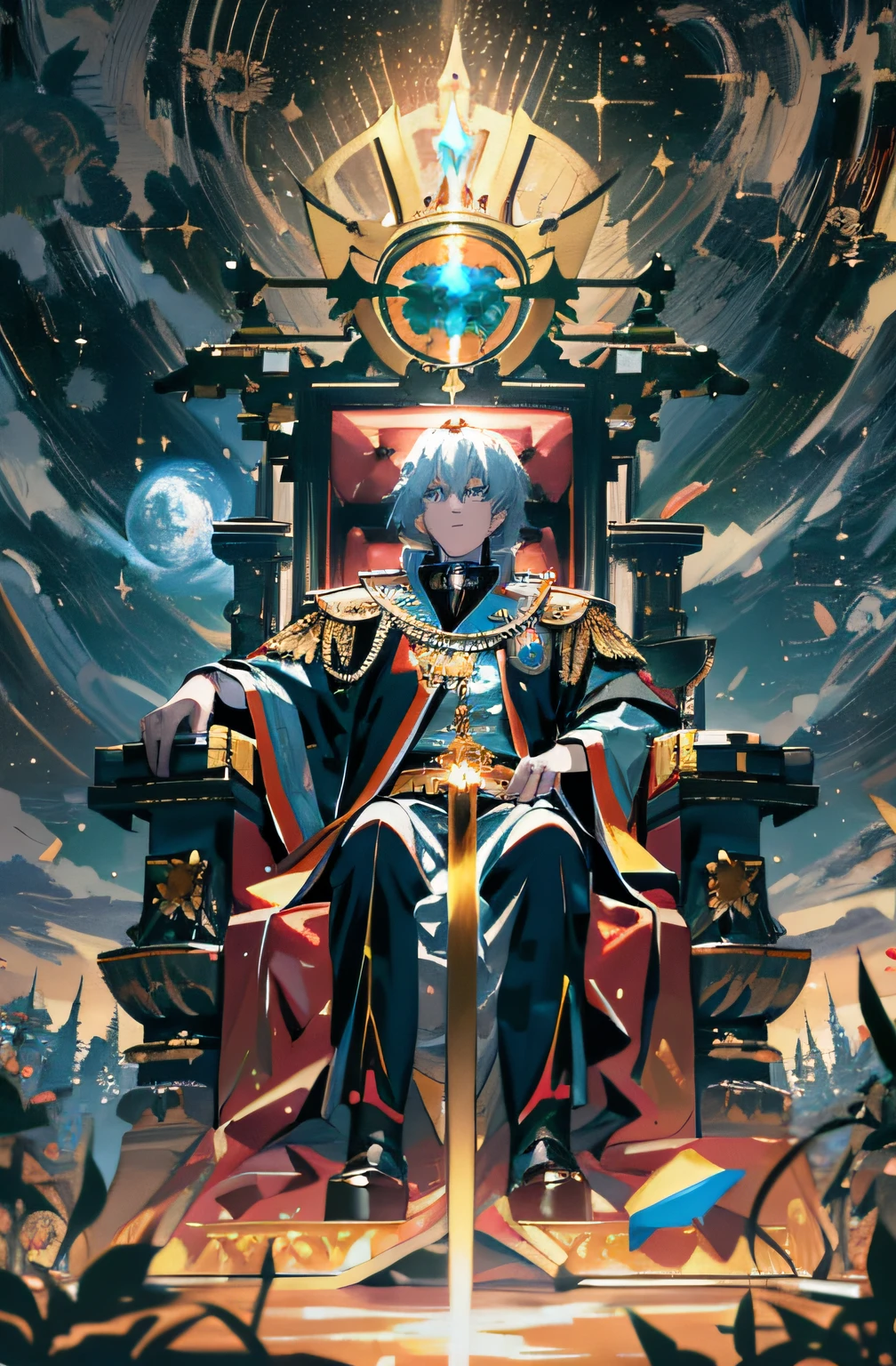 Anime - Stylistic image of a man sitting on a throne with a sword, the god emperor of mankind, ( ( The king of artificial intelligence art ) ), sitting in a gilded throne, sat in his throne, emperor of the known universe, The king of artificial intelligence art, sat in his throne, portrait of emperor of mankind, Best anime 4k konachan wallpaper