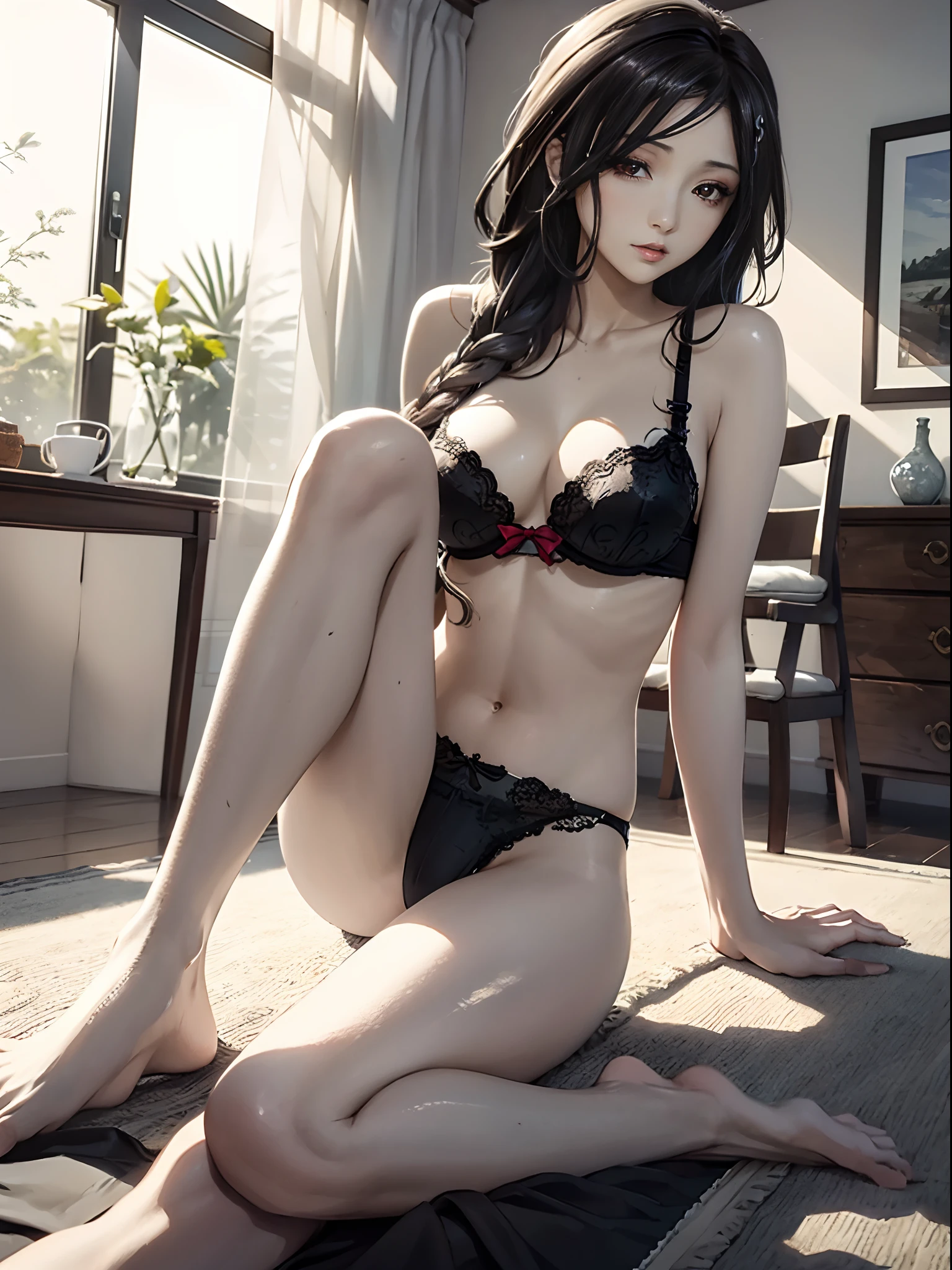 (Enrich the picture,Masterpiece level quality)Beautiful 8K CG artwork,Goddess-like posture,sittinng on the river,Postural exercises,Slim and soft,Translucent skin,black color hair、The beauty of extra-long hair, Super Long Straight Hair,The skin is fair and juicy,Big breasts underwear uniform,Perspective Part 1.2x enhanced silhouette effect,Exquisite transparent blues pattern in pajamas,The details are intricate and exquisite,The background is slightly blurred,Charming and lustful leg seduction,Drool,J cup big breasts,Blush,Japan goddess,Perfect body slim curves,Scene by the sea,