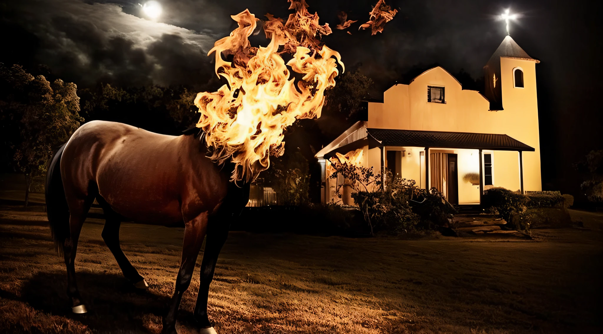 There is a horse that is standing in the grass with a fire on its head, muito surreal, Casa em chamas, fire-breathing, fires!! hiper-realista, creative photo manipulation, engolfado pelas chamas, surreal!!!, perfeitamente realista, mas surreal, arte linda, amazing fire art, everything is on fire, housefire, badass composition, fotografia surreal, Foto promocional