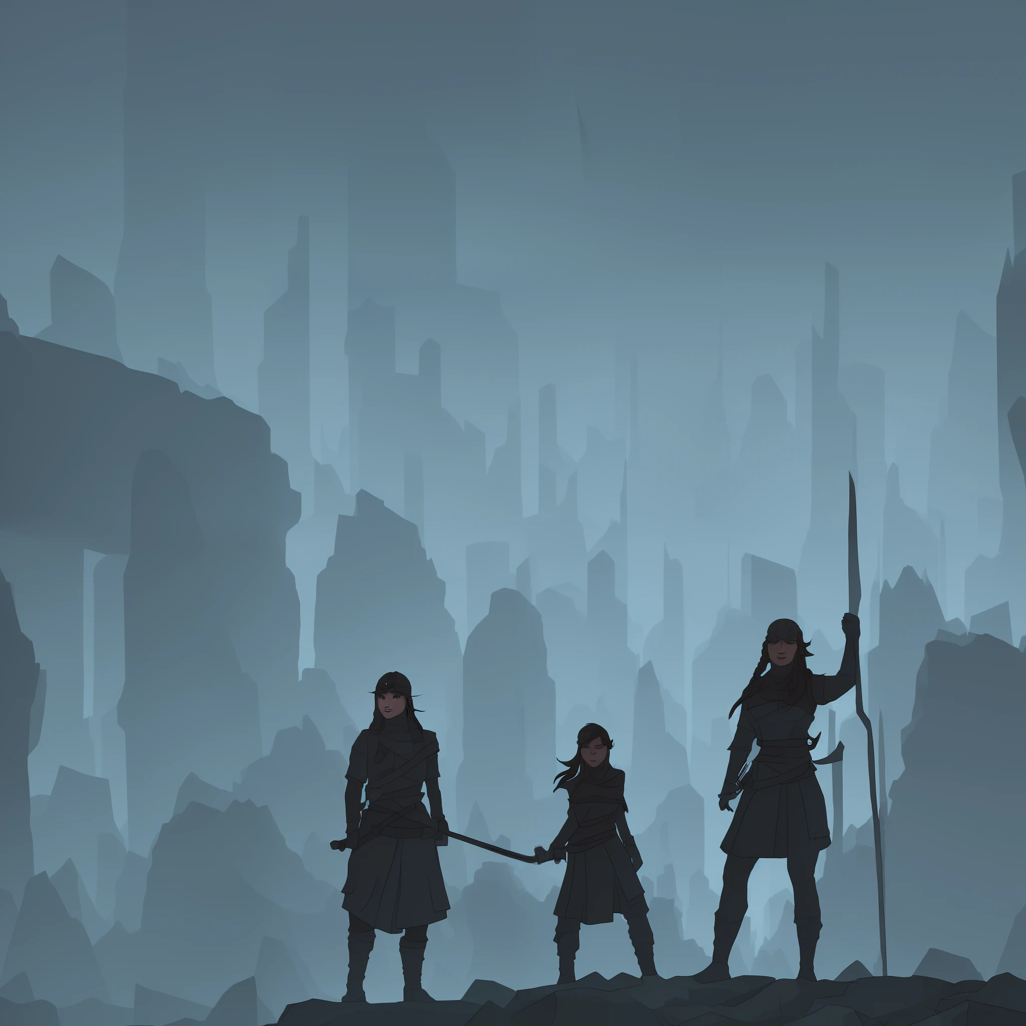 Viking girl, blue eyes, blind braided hair, short grey and brown cloths, warrior and worker look,stand in middle, a shadow figure behind he like scorn. Abstract, minimalist style, vector art, 2d game art. Illustration.