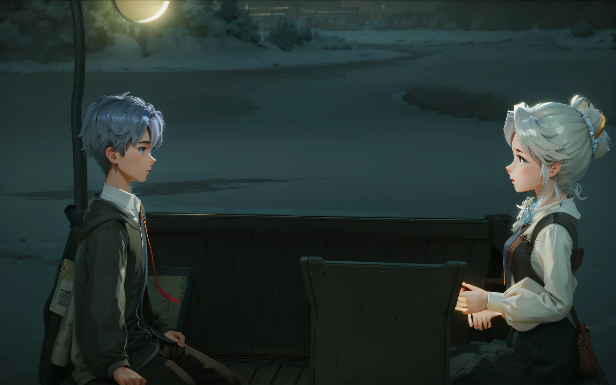 Animation - style illustration of two people sitting on a bench at night, Cutscenes, PC screenshot, videogame still, game screenshot, 2D cinematics, 2d game fanart, 2D Art, 2D Art, Animation stills, gameplay still, game screenshot, Animated stills screen cap, high quality screenshot, Animation stills, 2D rendering, Official screenshot. ultra-definition, Animae, Clear image quality