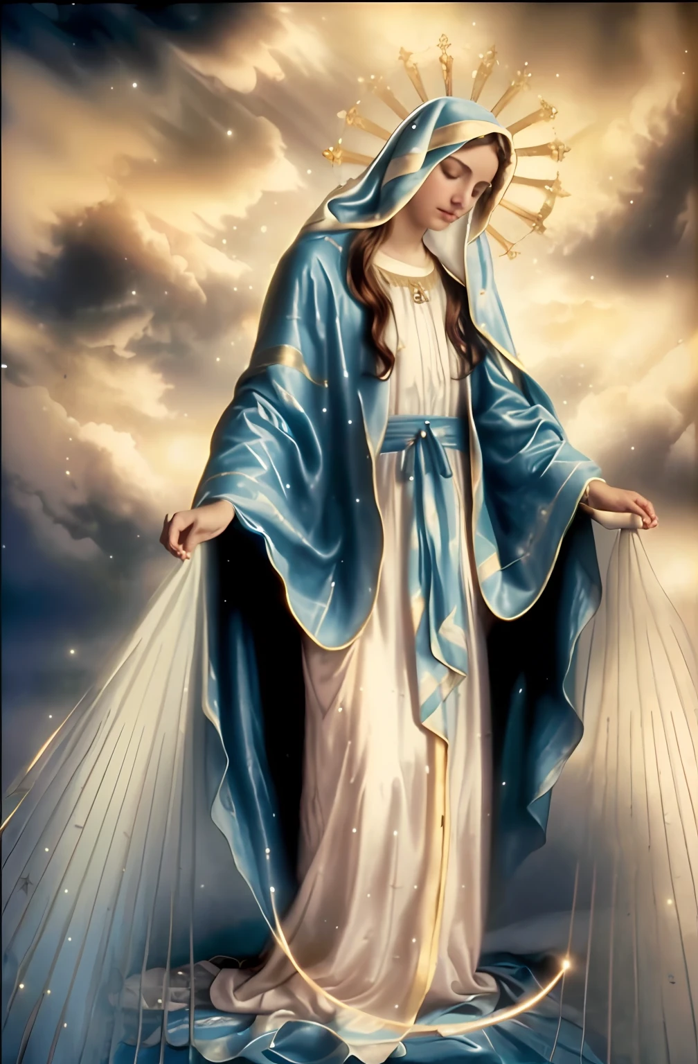(((Blessed Virgin Mary. 19 years old))) (((IMAGEN VINTAGE RETRO))) ((( Con una cara seria y piadosa. Con una mirada dulce y tierna))) (obra maestra, calidad superior, mejor calidad, arte oficial, beautiful and aesthetic: 1.2), (1girl), extremadamente detallado, (Arte fractal: 1.3), colorido, highest detailed, Cara perfecta, parte superior del cuerpo, HDR, (orando: 1.3), (golden lines of white coat: 1.2), galaxia, (rayas de luz), eye-catching visuals, (dynamic stripes, senderos luminosos: 1.2), colores vibrantes,