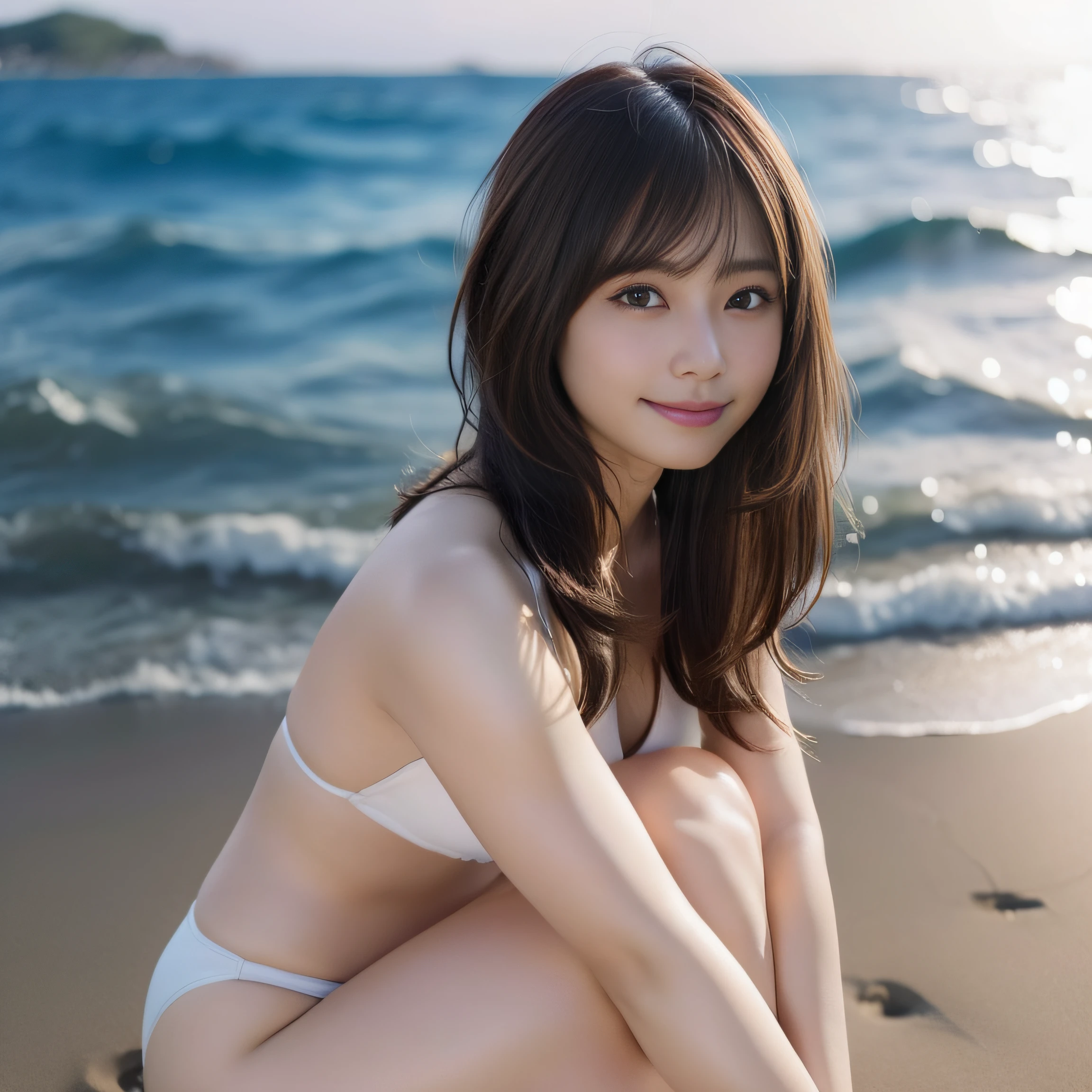 in 8K,Best Quality, 超A high resolution, (Photorealistic:1.4),masterpiece:1.3, Raw photo, (From the knee up:1.5), (Bokeh:1.2), sea side、sand beach, 1日本人の女の子, Cute, (Solo:1.6), (Shy smile)、(33yo:1.3)、 FULL BODYSHOT:1.5、a navel、wet、Stand on your knees:1.3、open one's legs、Smooth skin, (Brown medium hair,Bangs), (touch hair:1.4),nogizaka,Cute swimsuit:1.2、White bikini with floral pattern,Supple fingertips,Beautiful black eyes:1.3、natural skin textures:1.3, realistic eyes and face details:1.7、huge tit、Gravure Shots,A sexy、Back shot、Sunset on your back