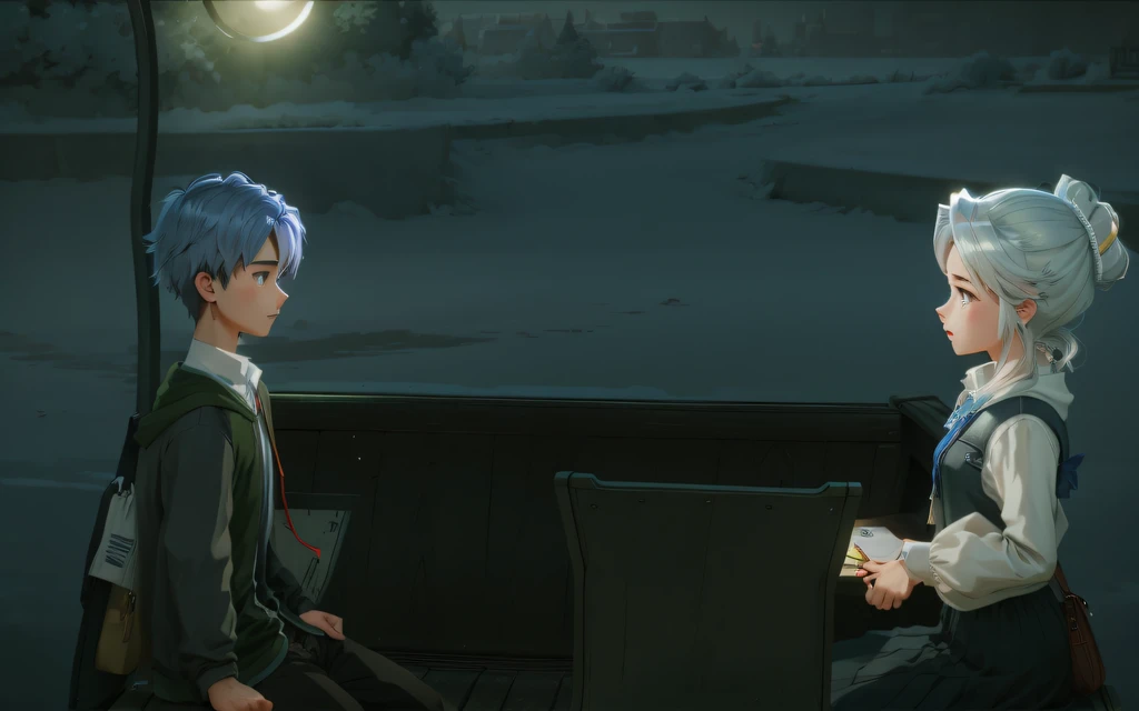 Animation - style illustration of two people sitting on a bench at night, Cutscenes, PC screenshot, videogame still, game screenshot, 2D cinematics, 2d game fanart, 2D Art, 2D Art, Animation stills, gameplay still, game screenshot, Animated stills screen cap, high quality screenshot, Animation stills, 2D rendering, Official screenshot. ultra-definition, Animae, Clear image quality