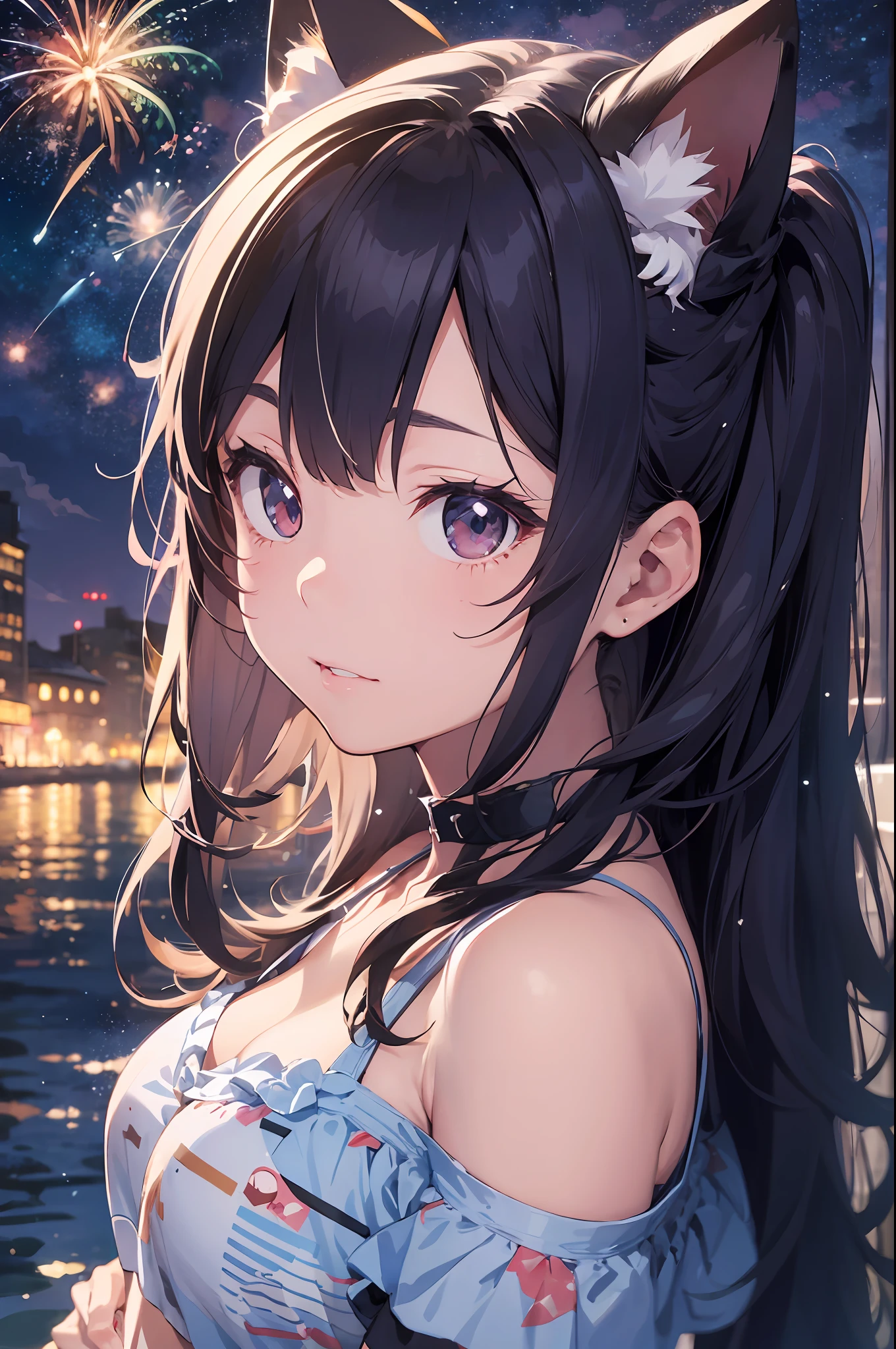 Anime cat-eared girl in bikini with cat ears, shoulder looking, anime drawing by Yang J, pixiv contest winner, serial art, digital anime illustration, kawashi, anime style illustration, anime style 4K, beautiful anime portrait, anime style portrait, anime style artwork, Guweiz style artwork, Anime Illustration, Digital Anime Art, Detailed Digital Anime Art, Beautiful Starry Sky, Fireworks