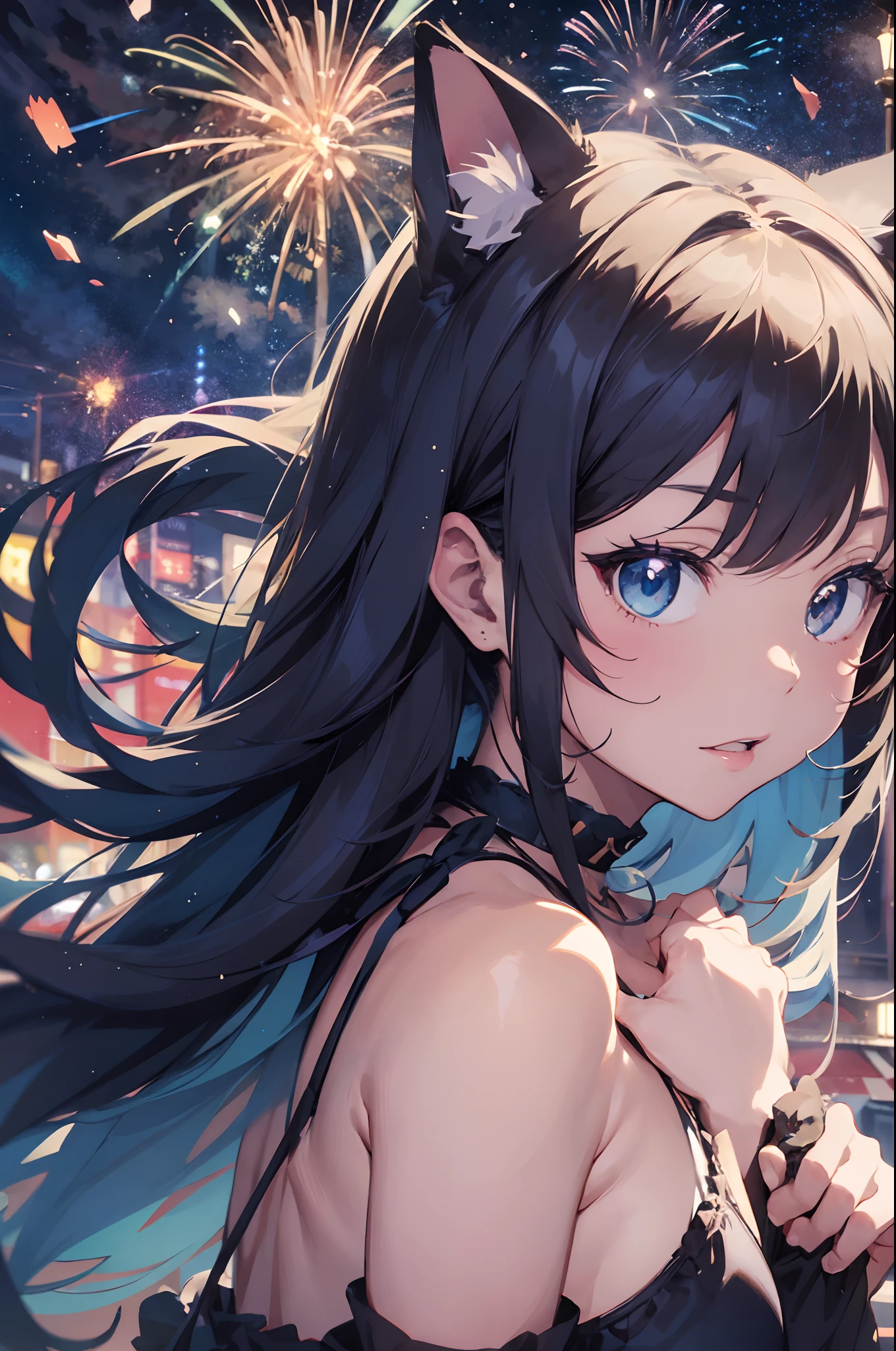 Anime cat-eared girl in bikini with cat ears, shoulder looking, anime drawing by Yang J, pixiv contest winner, serial art, digital anime illustration, kawashi, anime style illustration, anime style 4K, beautiful anime portrait, anime style portrait, anime style artwork, Guweiz style artwork, Anime Illustration, Digital Anime Art, Detailed Digital Anime Art, Beautiful Starry Sky, Fireworks