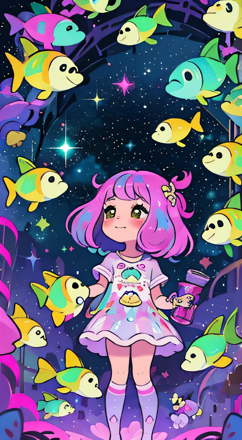 Immerse yourself in the enchanting world of a festival night, a captivating girl under a starry sky, holding a playful chibi plush toy, the fisheye lens capturing the expansive beauty of the cosmos, a sense of whimsy and excitement in the air, Illustration, digital art, vibrant and pastel colors for a dreamy aesthetic