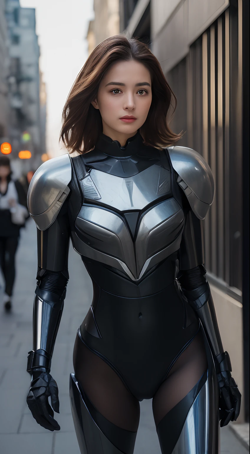((Realistic lighting, best qualtiy, 8k, tmasterpiece:1.3)), sharp fokus:1.2, 1girl, Beautiful Women with Perfect Figure:1.4, Slim abs:1.1, ((dark brown  hair)), (Robocop， white tulle:1.4）,（exteriors，during night：1.1），the city street，Ultra-fine face，Fine eyes，二重まぶた，Robocop