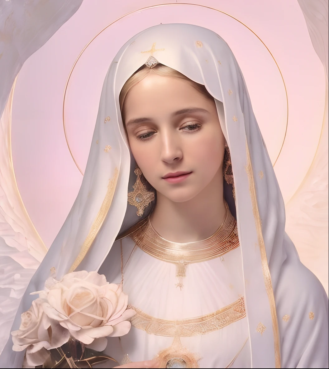 (((Blessed Virgin Mary. 19 years old))) (((IMAGEN VINTAGE RETRO))) ((( Con una cara seria y piadosa. Con una mirada dulce y tierna))) (obra maestra, calidad superior, mejor calidad, arte oficial, beautiful and aesthetic: 1.2), (1girl), extremadamente detallado, (Arte fractal: 1.3), colorido, highest detailed, Cara perfecta, parte superior del cuerpo, HDR, (orando: 1.3), (golden lines of white coat: 1.2), galaxia, (rayas de luz), eye-catching visuals, (dynamic stripes, senderos luminosos: 1.2), colores vibrantes,