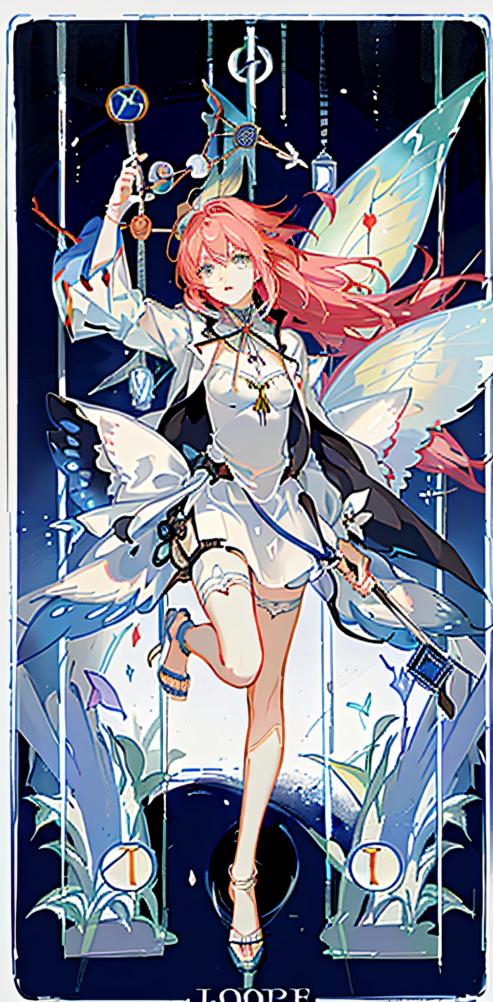 (Golden Ratio: 1.2), (Rose Graffiti: 1.2), (Glitch Color: 1.3), [(White Background: 1.4)::10], (Whole Body: 1.2), (Super Fine: 1.3), (Tarot :1.6),(Magician (Tarot):1.6),(Paper:1.2),(Fairy:1.6),(Fairy Wings:1.2),Full Body, Hanging,(Cool:1.2),(Red Long Hair ),(butterfly hair accessory),(flower hair accessory: 1.0),((sandals,Locket)),(colored cocktail dress: 1.0)+(loose-sleeve jacket: 1.3)+(fluttering colorful tassels and ribbons :1.2 ),(white stockings: 1.2),(colored ink paper flowers: 1.2),(colorful flower sea: 1.3),(chaotic geometry: 1.3),(negative space: 0.8),(drawing board: 1.3 ), (Ether Color ink flow: 1.3)