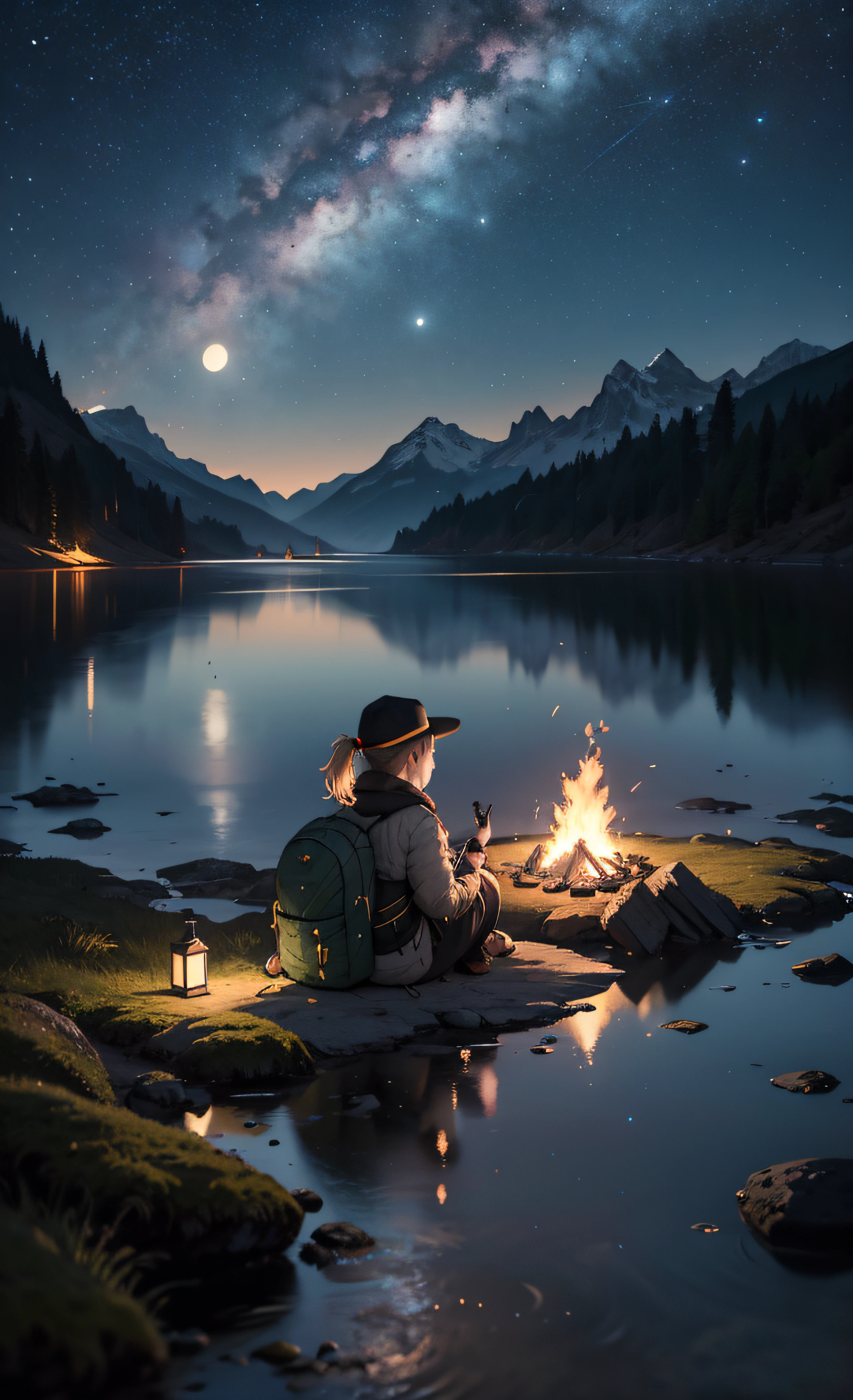 masterpiece, best quality, ultra-detailed, illustration, 1girl, solo, outdoors, camping, night, mountains, nature, stars, moon, bonfire, tent, twin ponytails, green eyes, cheerful, happy, backpack, sleeping bag, camping stove, water bottle, mountain boots, gloves, sweater, hat, flashlight, forest, rocks, river, wood, smoke, shadows, contrast, clear sky, constellations, Milky Way, peaceful, serene, quiet, tranquil, remote, secluded, adventurous, exploration, escape, independence, survival, resourcefulness, challenge, perseverance, stamina, endurance, observation, intuition, adaptability, creativity, imagination, artistry, inspiration, beauty, awe, wonder, gratitude, appreciation, relaxation, enjoyment, rejuvenation, mindfulness, awareness, connection, harmony, balance, texture, detail, realism, depth, perspective, composition, color, light, shadow, reflection, refraction, tone, contrast, foreground, middle ground, background, naturalistic, figurative, representational, impressionistic, expressionistic, abstract, innovative, experimental, unique, cinematic